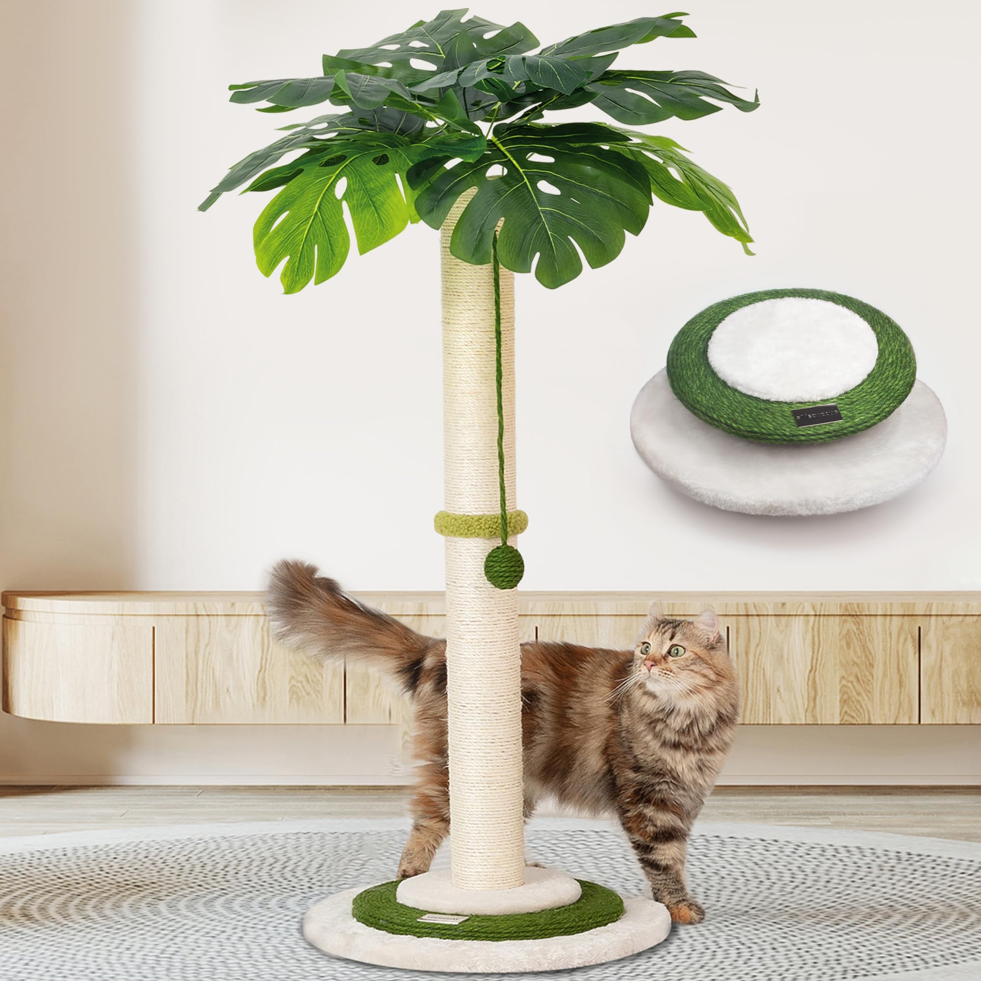 Meowoou Cat Scratching Post For Indoor Cats And Kitten, 35    Tall Monstera Cat Scratching Post With Sisal Hanging Interactive B