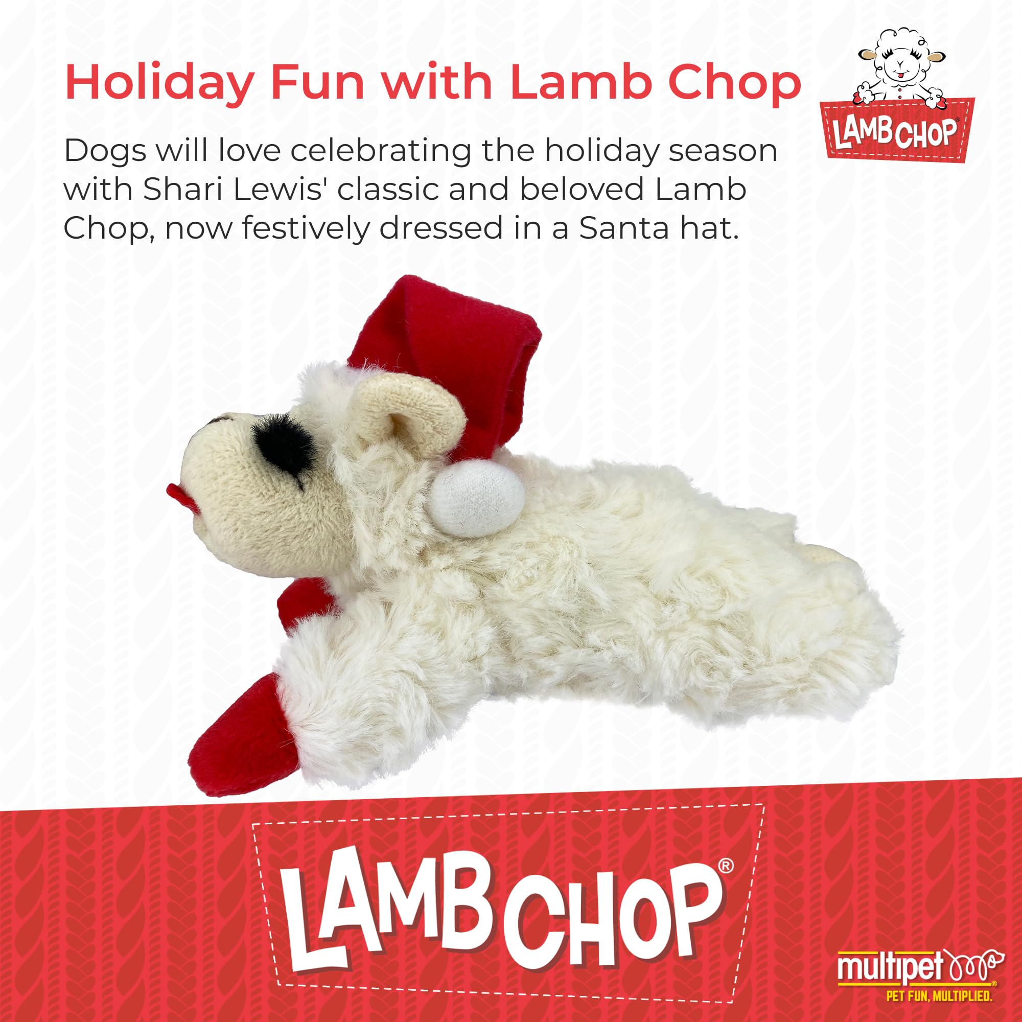 Multipet Lamb Chop Dog Plush Toy W/ Santa Hat - Squeaky Dog Toy For All Dogs - Extra Soft Plush Dog Toy - Stuffed Animal Dog Toy For Cuddling & Playing - Cute Pet Toy (6”, Cream)