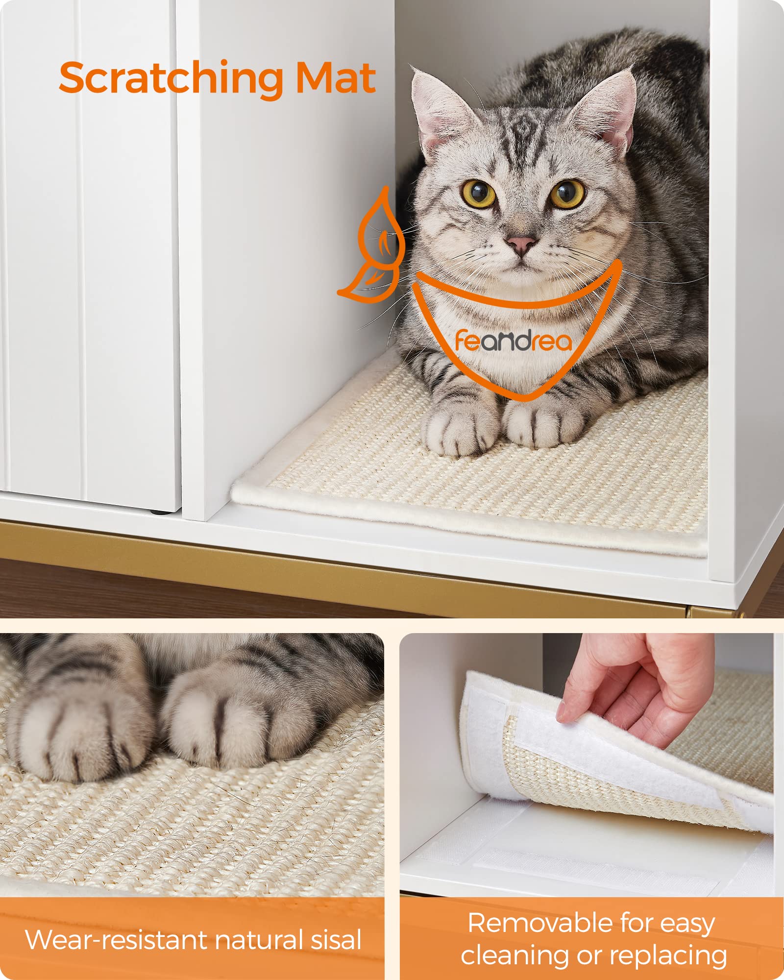 Feandrea Litter Box Enclosure, Modern Cat Litter Box Furniture With Scratching Mat, Cat House For Indoor Cats, Side End Table, 31.5 X 19.7 X 21.7 Inches, Simply White And Metallic Gold Upcl007W01