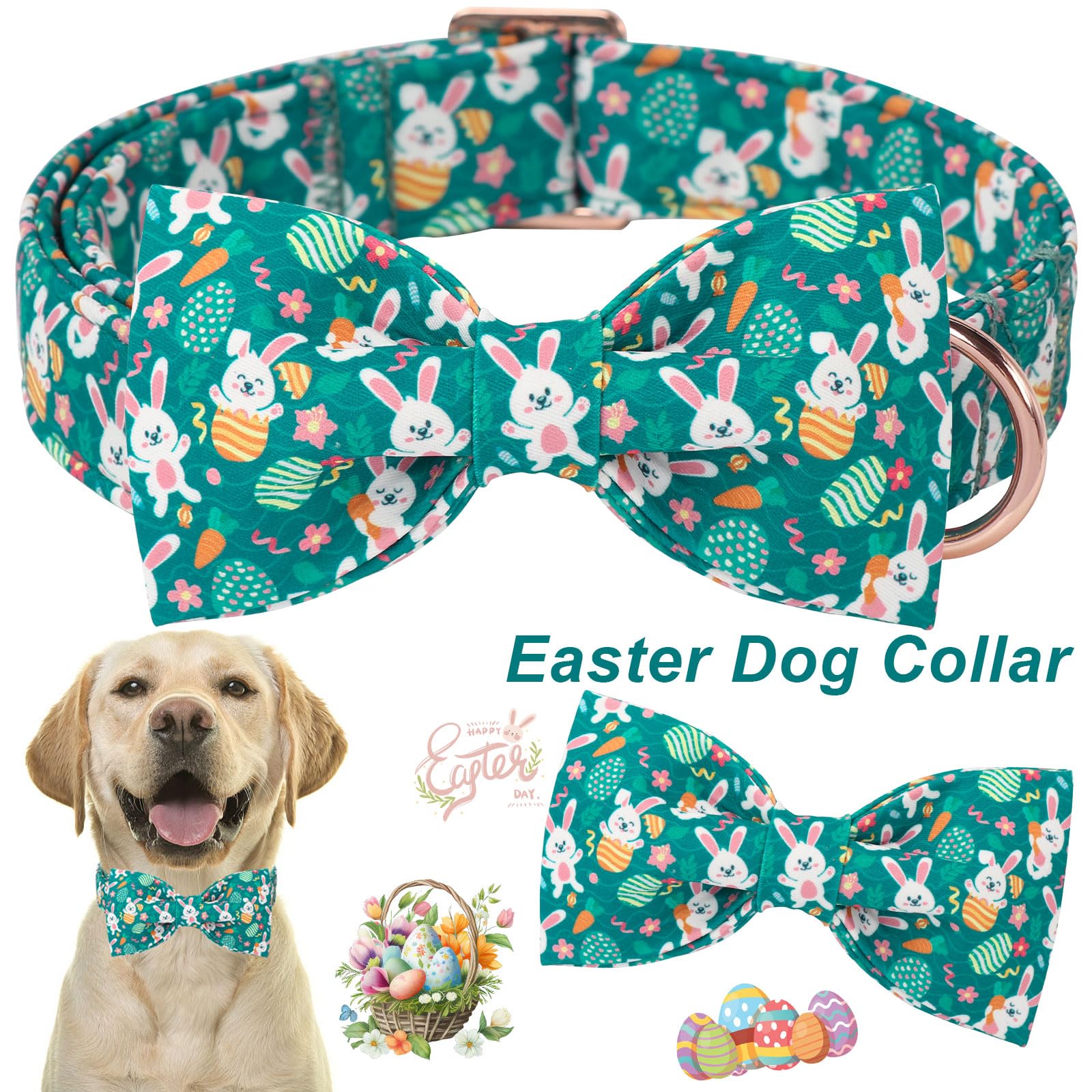 Aring Pet Easter Dog Collar-Cute Green Easter Eggs Dog Collar With Bow, Adjustable Carrot&Rabbit Bowtie Dog Collars Pet Necklace
