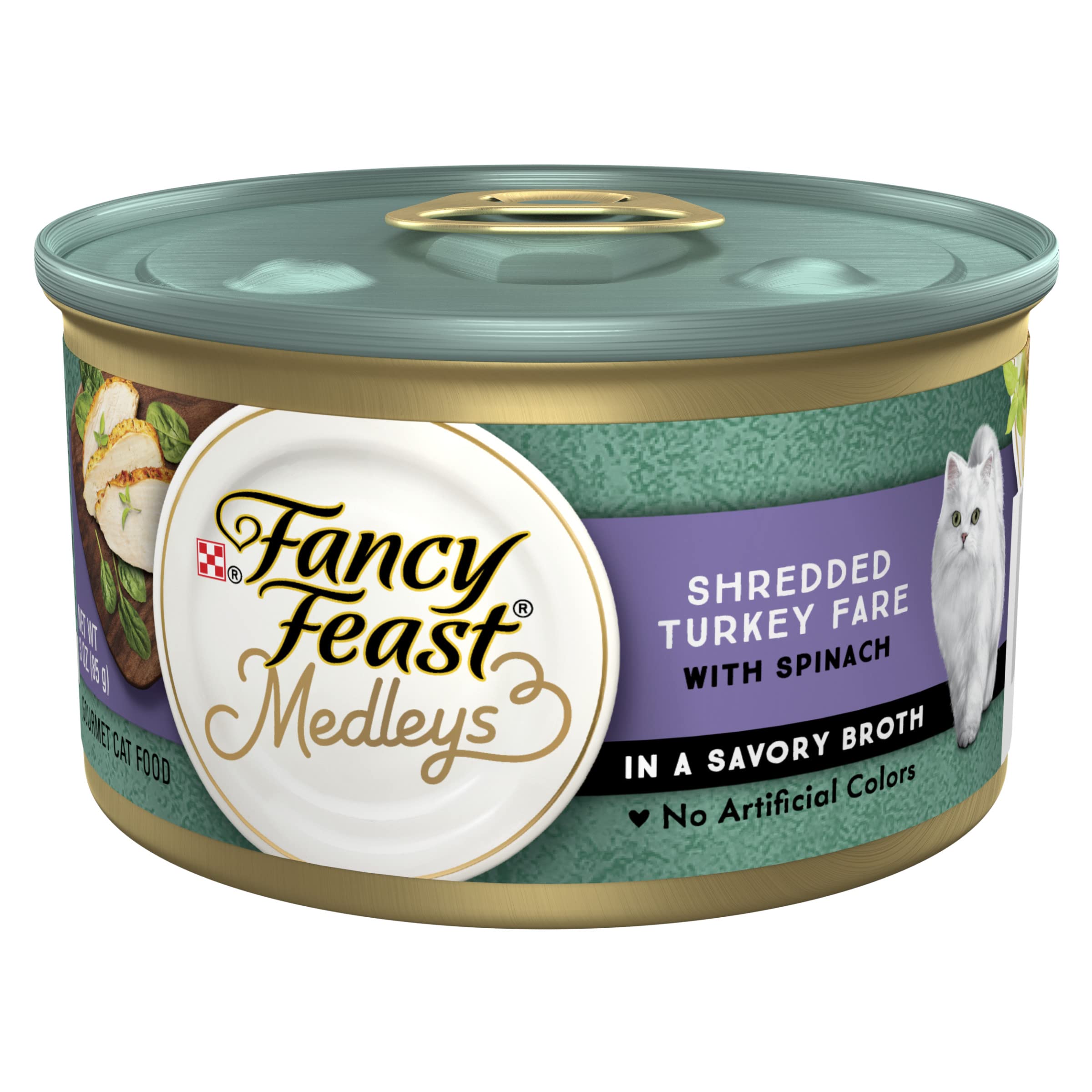 Purina Fancy Feast Wet Cat Food, Medleys Shredded Turkey Fare With Spinach in a Savory Cat Food Broth - (Pack of 24) 3 oz. Cans