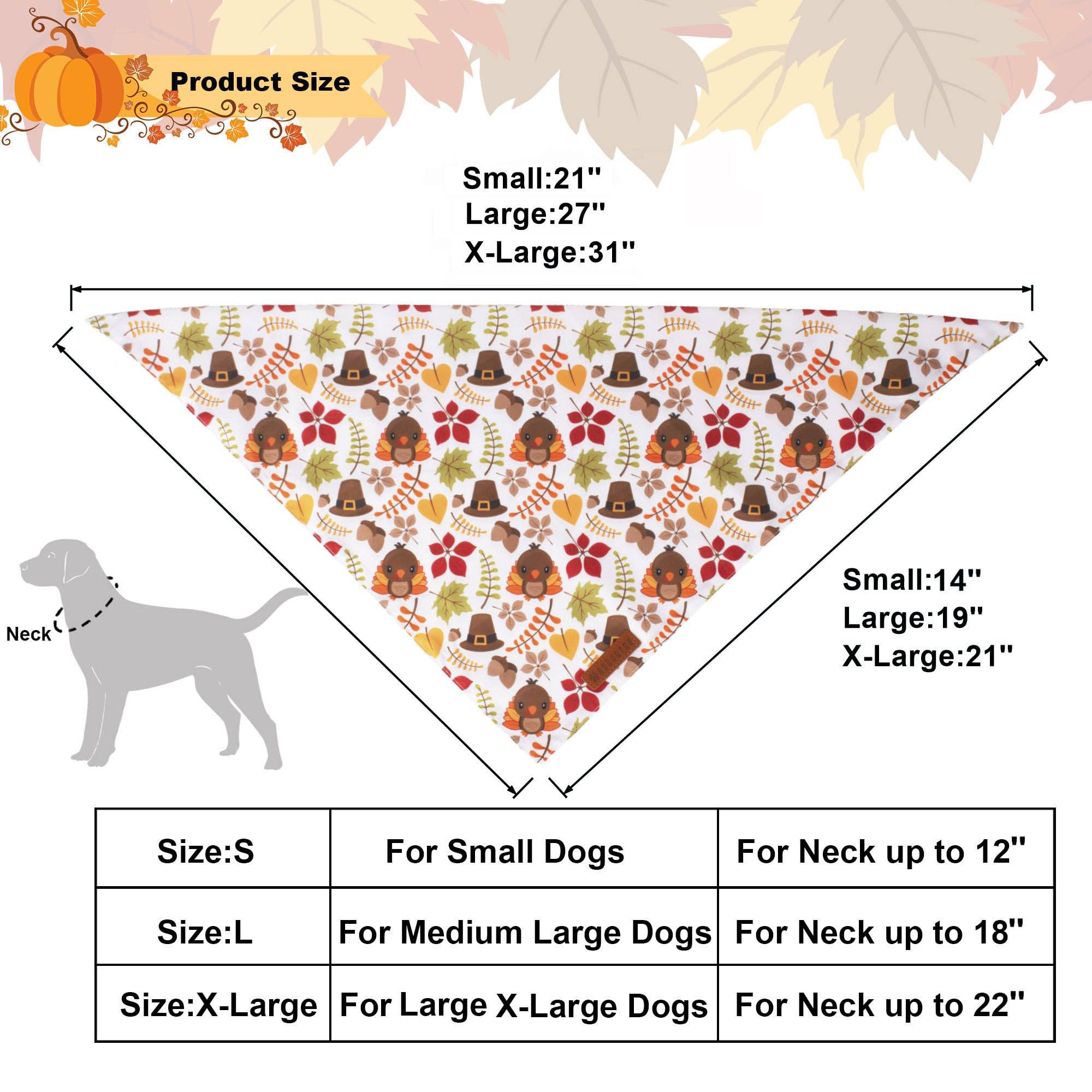 Adoggygo Thanksgiving Dog Bandana, Pumpkin Turkey Pet Scarf, Multi Size Offered, Fall Autumn Leaves Thanksgiving Bandanas For Ex