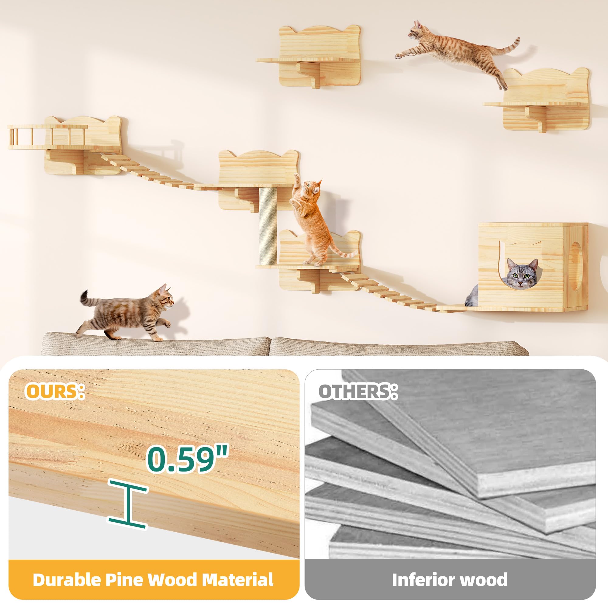 Homiflex Cat Wall Shelves Set of 9, Burlywood Wooden Cat Furniture with Scratching Post, House, Condo, Bridge Ladder for Multiple Cats