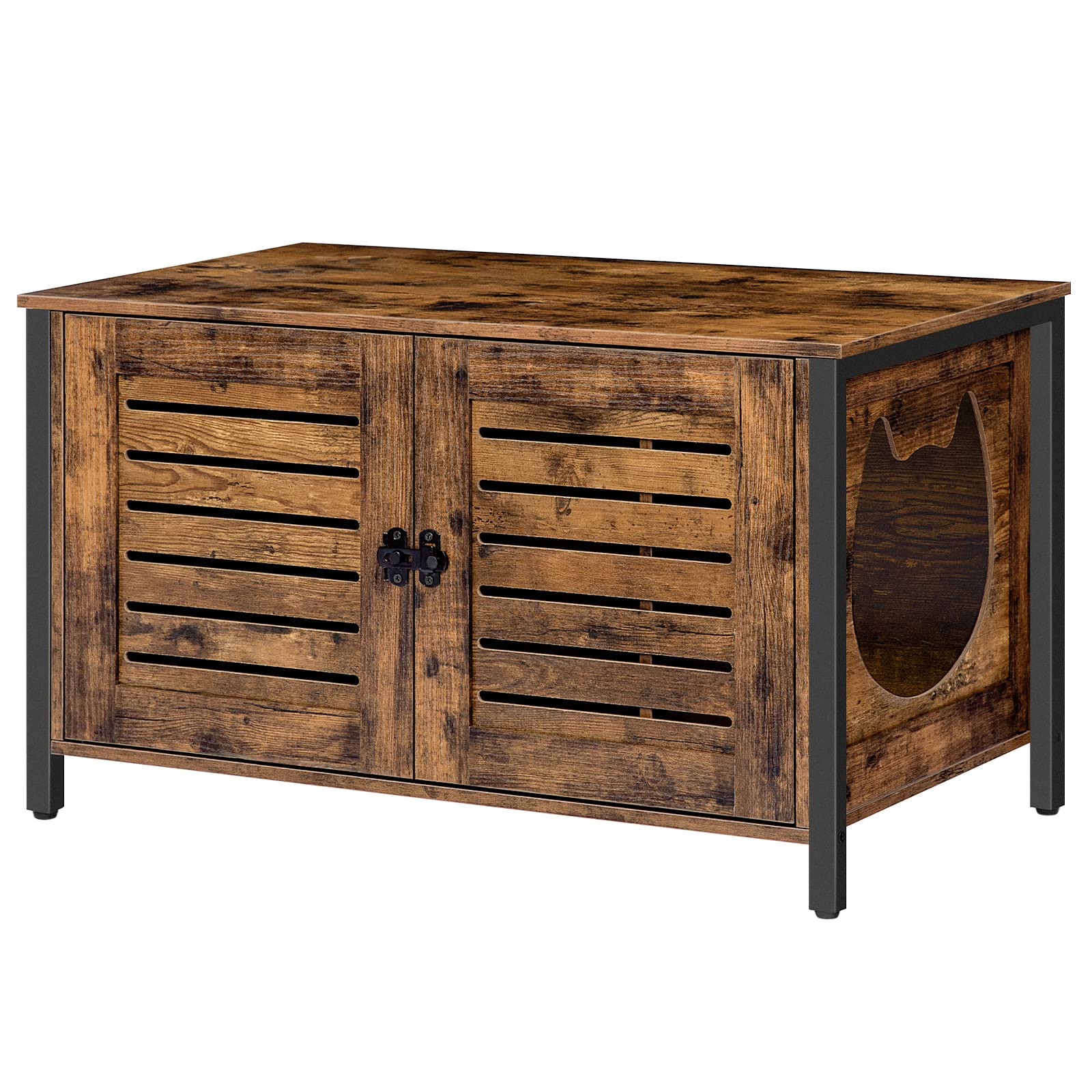 Hoobro Cat Litter Box Enclosure, Hidden Litter Box Furniture With Shutter Door And Cat Head Mat, Cat Entrance Can Be On Left Or Right, Cat Washroom Fit Most Of Litter Box, Rustic Brown Bf06Mw01