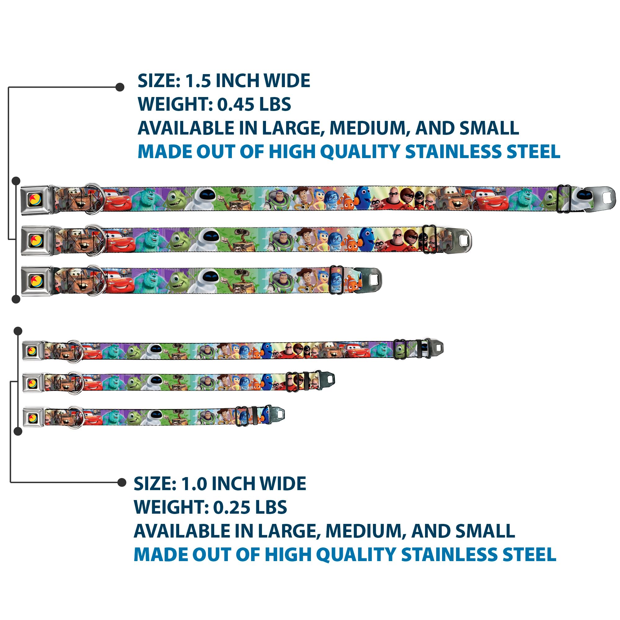 Dog Collar Seatbelt Buckle Disney Pixar 7 Movie Character Collage 11 To 17 Inches 1.0 Inch Wide