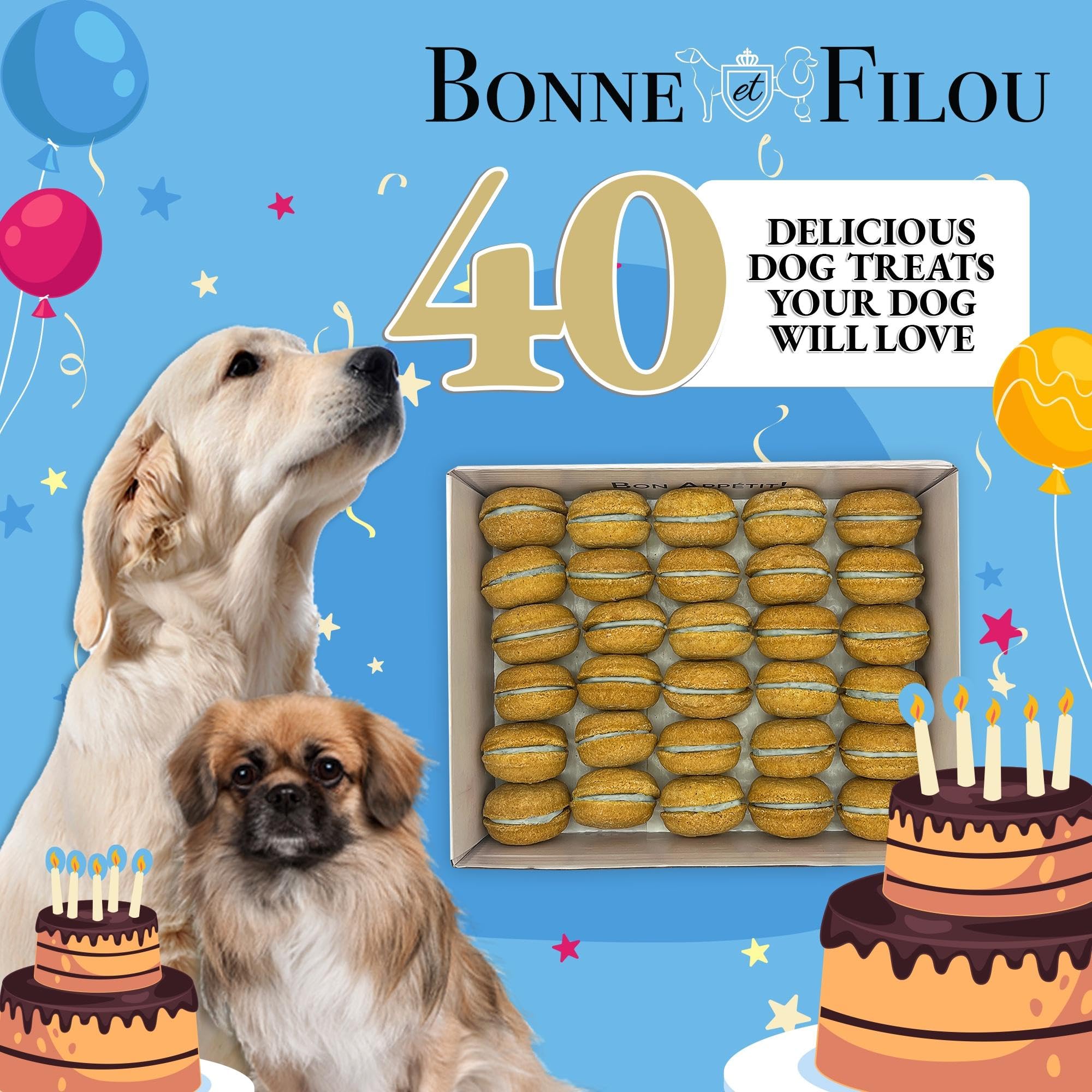Bonne et Filou Dog Treats Birthday Cupcakes - Gourmet Macaron Cakes, 40 Count Bulk Pack - Healthy & Delicious Human Grade Snacks