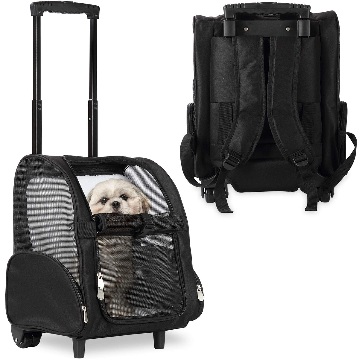 Kopeks Deluxe Backpack Pet Travel Carrier With Double Wheels For Pets Up To 18 Pounds - Black