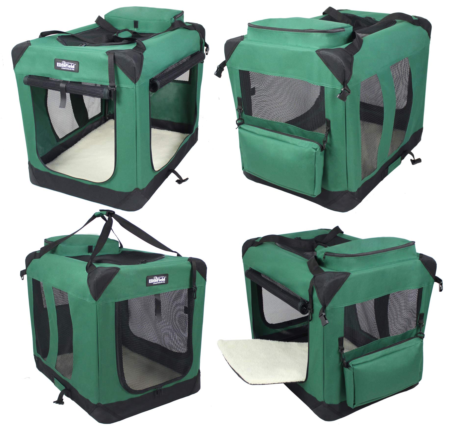 Elitefield 3-Door Folding Soft Dog Crate With Carrying Bag And Fleece Bed (2 Year Warranty), Indoor & Outdoor Pet Home (30' L X 21' W X 24' H, Green)
