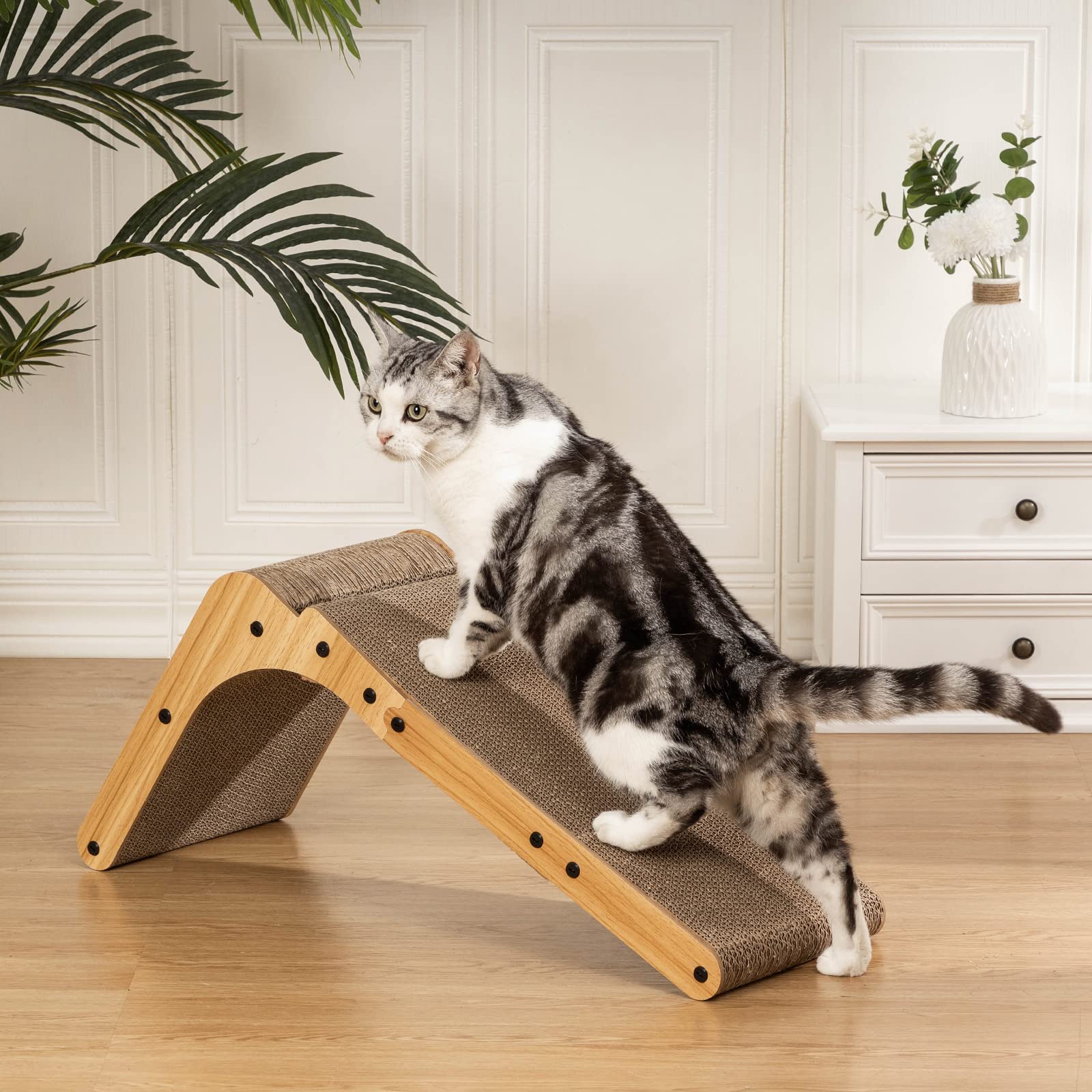 Poils Bebe L Shape Cat Scratcher, 26.8 Inch Cat Scratchers For Indoor Cats, Protecting Furniture Cat Scratch Pad, Cardboard Cat Scratching With Ball Toy, Catnip, Large