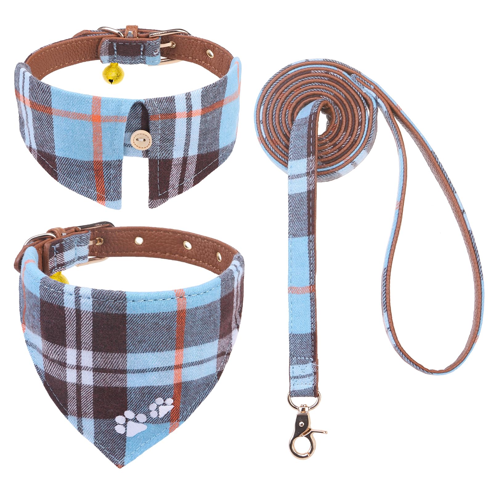 Expawlorer Puppy Collar And Leash - Embroidery Pawprints Plaid Small Dog Collar And Leash Set, Cute Dog Bandana Collar With Bell