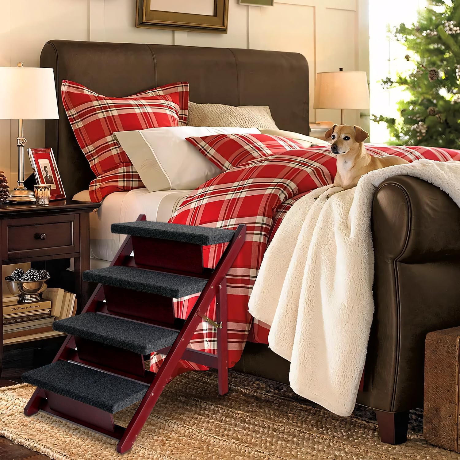 BRIKY Wooden Dog Stairs - Foldable 4 Steps, Non-Slip for Small & Large Dogs, Mahogany, Model DS-4-B-W