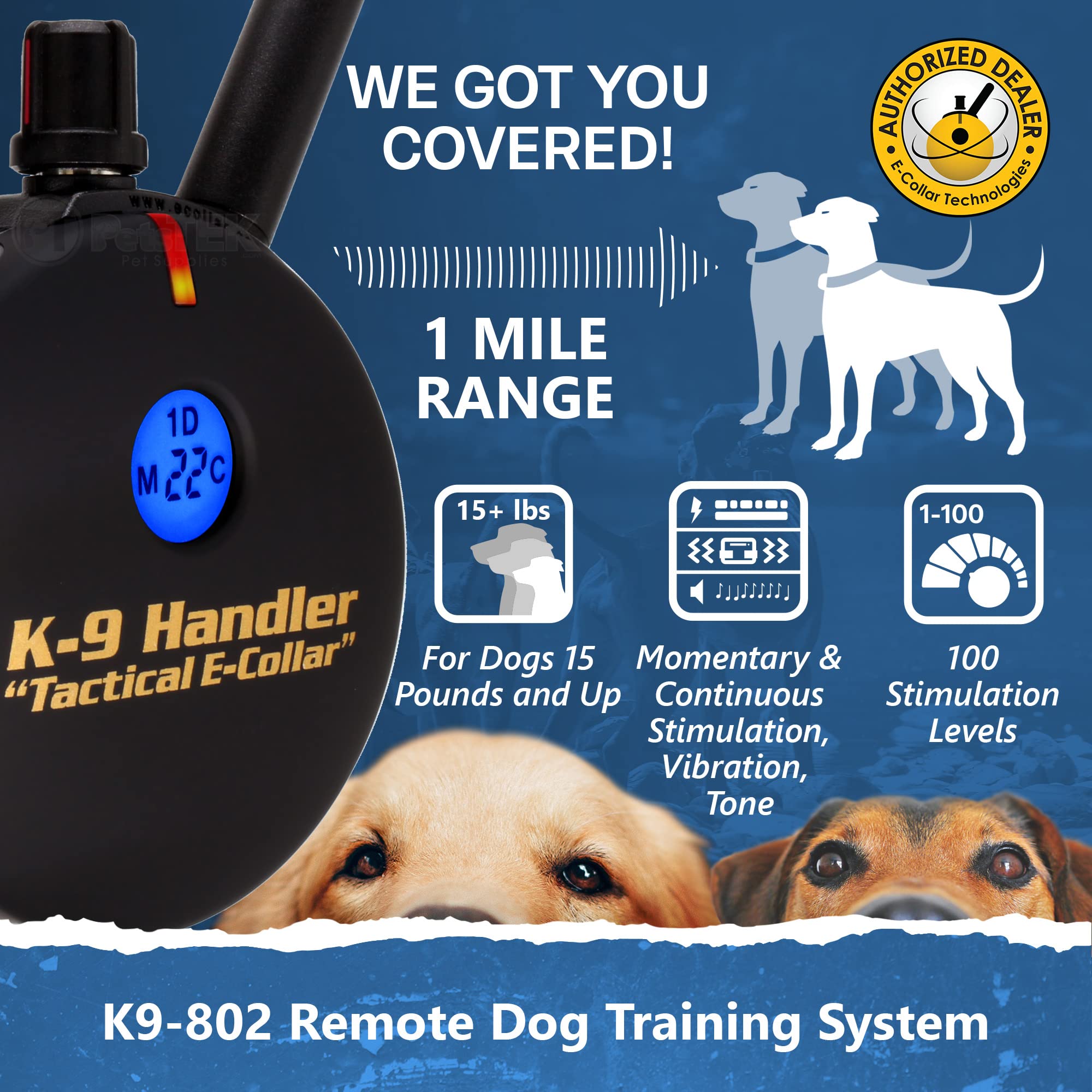 Educator K9-802 Two Dogs K9 Handler Professional E-Collar Training Collar With Remote - Up To 1 Mile Range, Waterproof, Recharge