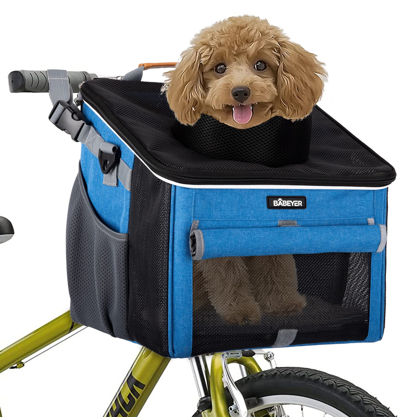 Babeyer Dog Bike Basket, Soft-Sided Pet Bike Carrier With 4 Mesh Windows For Small Dog Cat Puppies - Blue