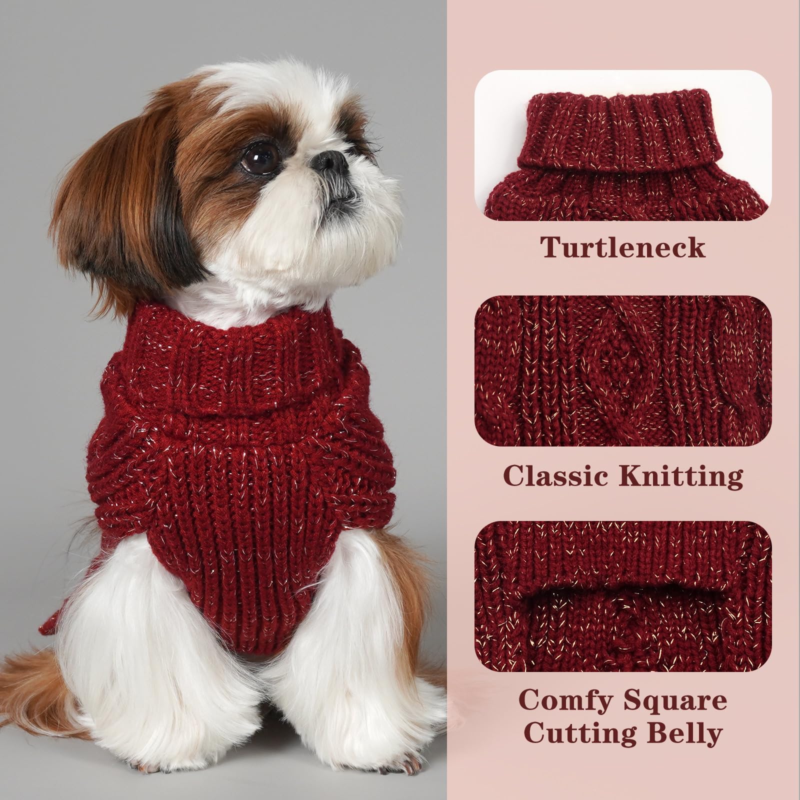 Kyeese Dog Sweaters For Medium Dogs With Golden Thread Turtleneck Dog Cable Knit Pullover Sweaters For Cold Weather, Wine Red, X