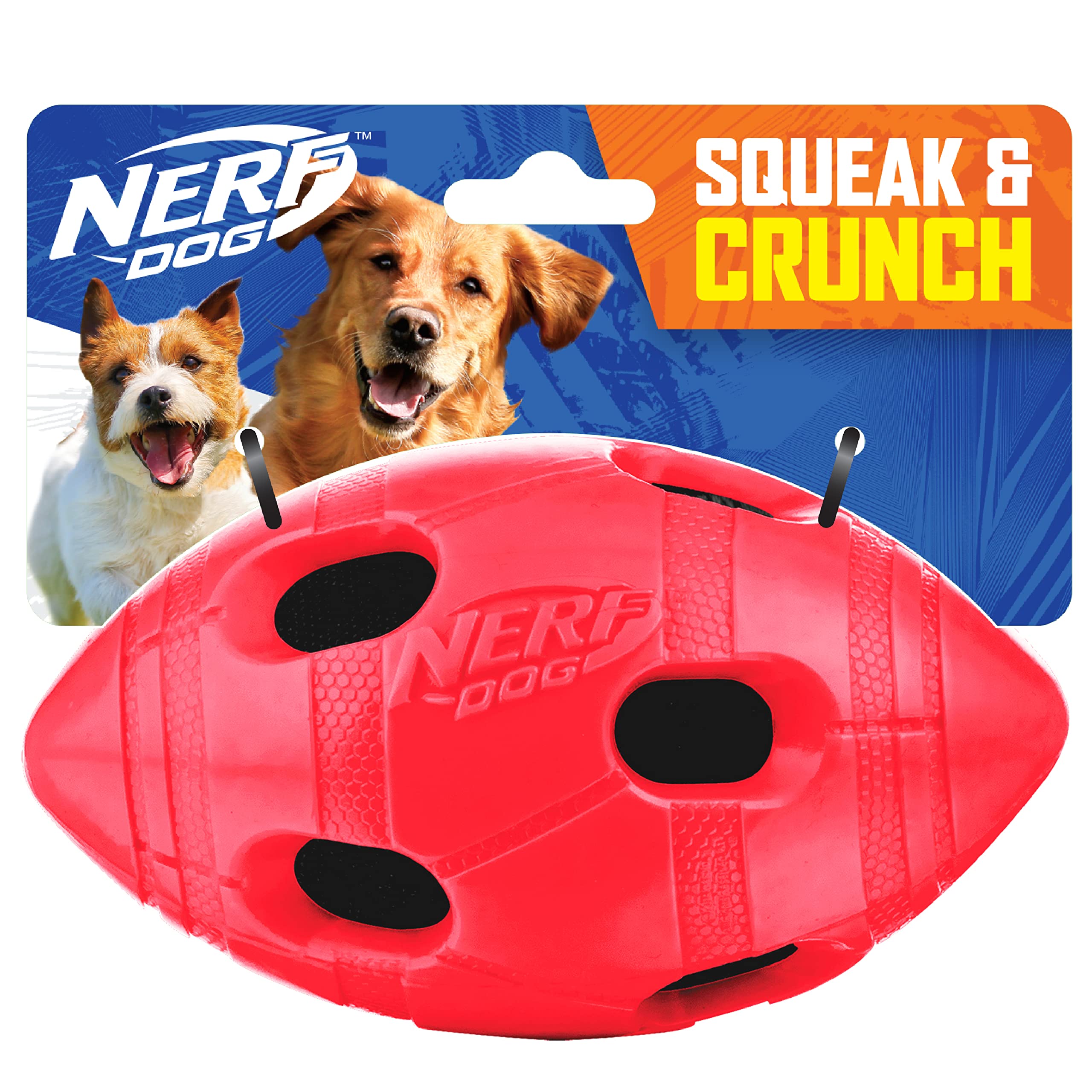 Nerf Dog Rubber Football Dog Toy With Interactive Squeaker And Crunch, Lightweight, Durable And Water Resistant, 6 Inch Diameter For Medium/Large Breeds, Single Unit, Red