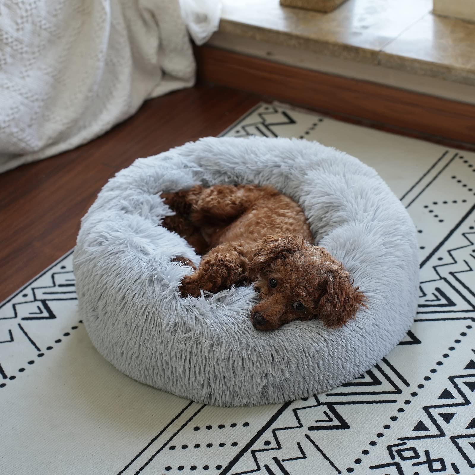 wrkfree Grey Tiny Dog Bed - Fluffy Washable Donut Design, Anti-Slip, XXS (15x15) for Puppies and Small Dogs
