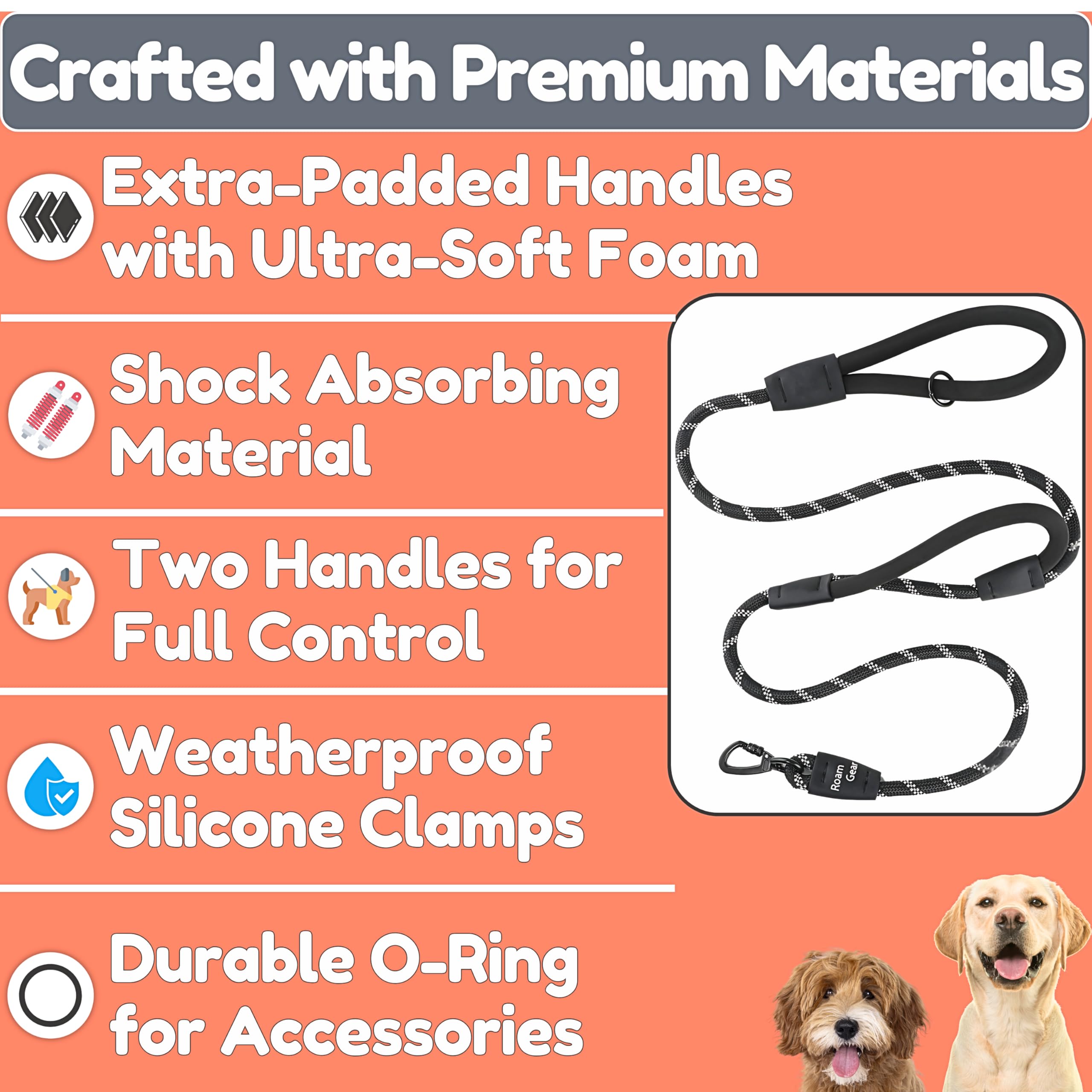 6 Foot Dog Leash, Two Extra Padded Handles, Heavy Duty Dog Leash For Medium To Large Pets, Highly Reflective, Shock-Absorbing No Pull Rope Lead, Durable For Walking, Running, Training Lead - Roam Gear
