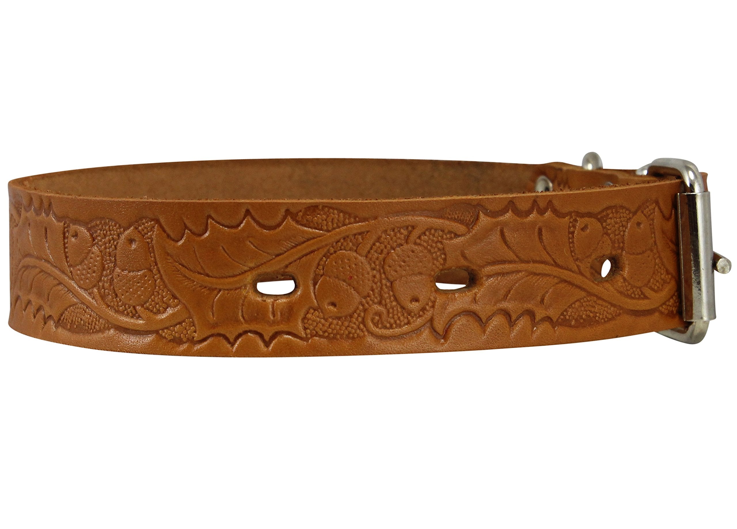 Genuine Tooled Leather Dog Collar Floral Pattern Tan 3 Sizes (Neck Circumf: 13'-17'; 1.2' Wide)