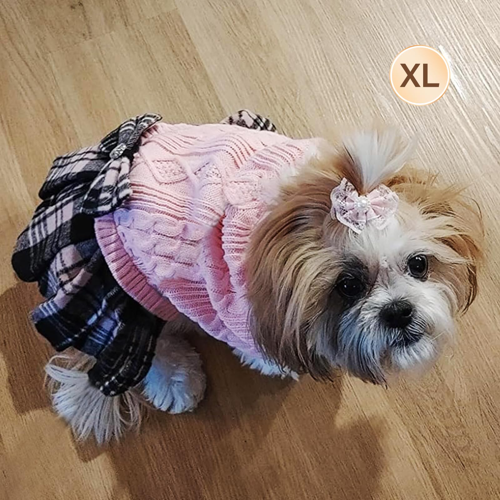Kyeese Dog Sweater Dress With Leash Hole For Small Medium Dogs With Bowtie Checkered Turtleneck Dog Sweaters Warm Pet Sweater Pink