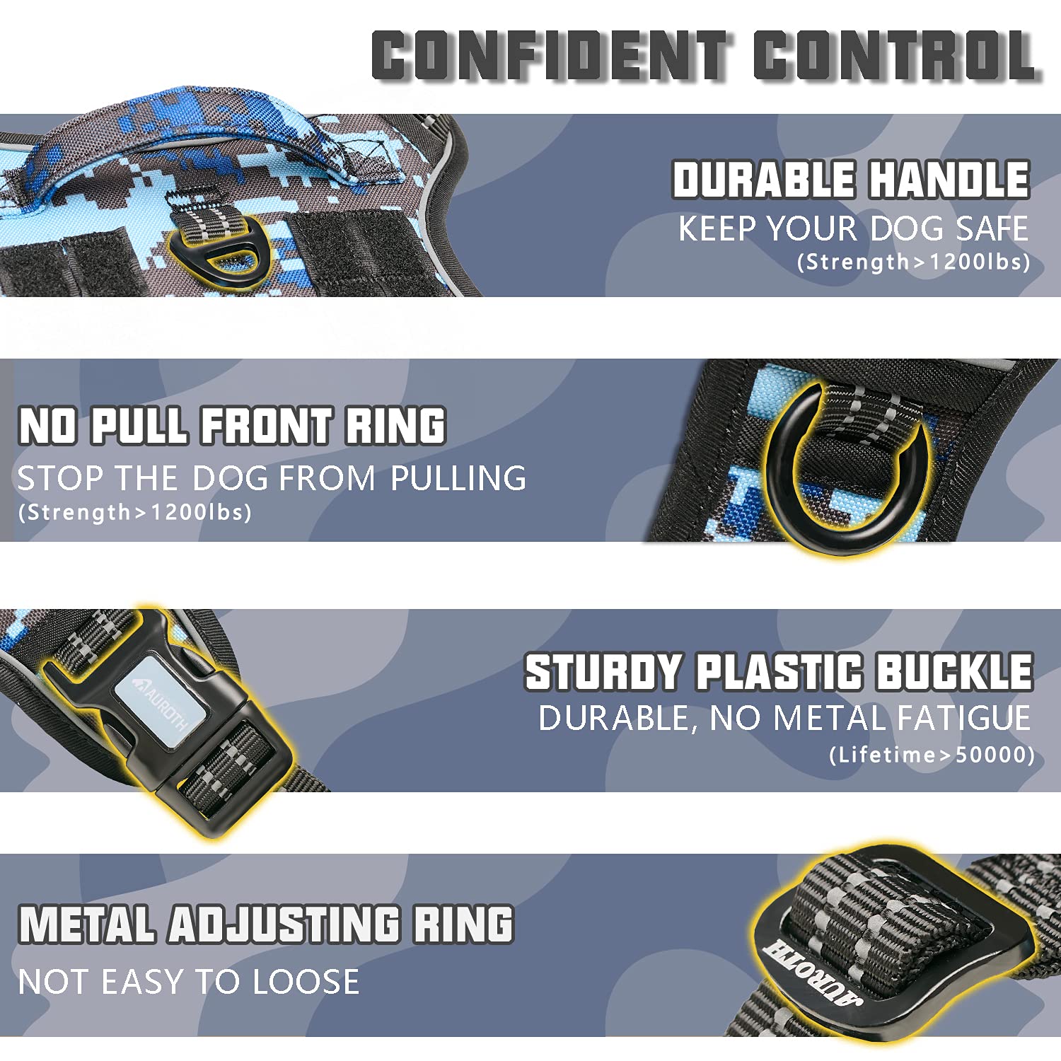 Auroth Tactical Dog Training Harness No Pulling Front Clip Leash Adhesion Reflective K9 Pet Working Vest Easy Control For Small Medium Large Dogs Blue Camo L