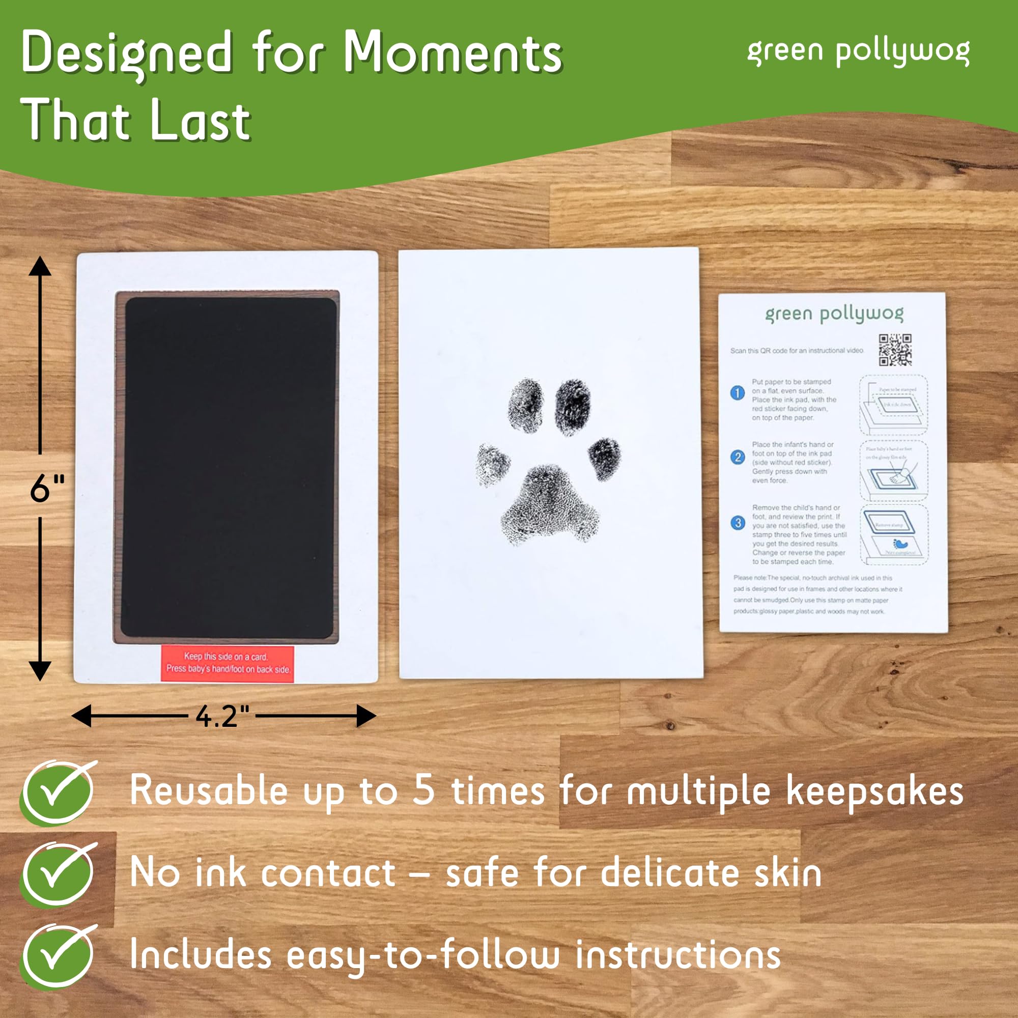 Green Pollywog | Extra-Large Clean Touch Inkless Ink Pad For Pets | Paw/Nose Prints For Dogs & Cats Non-Toxic | Paw Print Stamp Kit | Dog Paw Print Kit | Cat Footprint Keepsake (1-Pack)