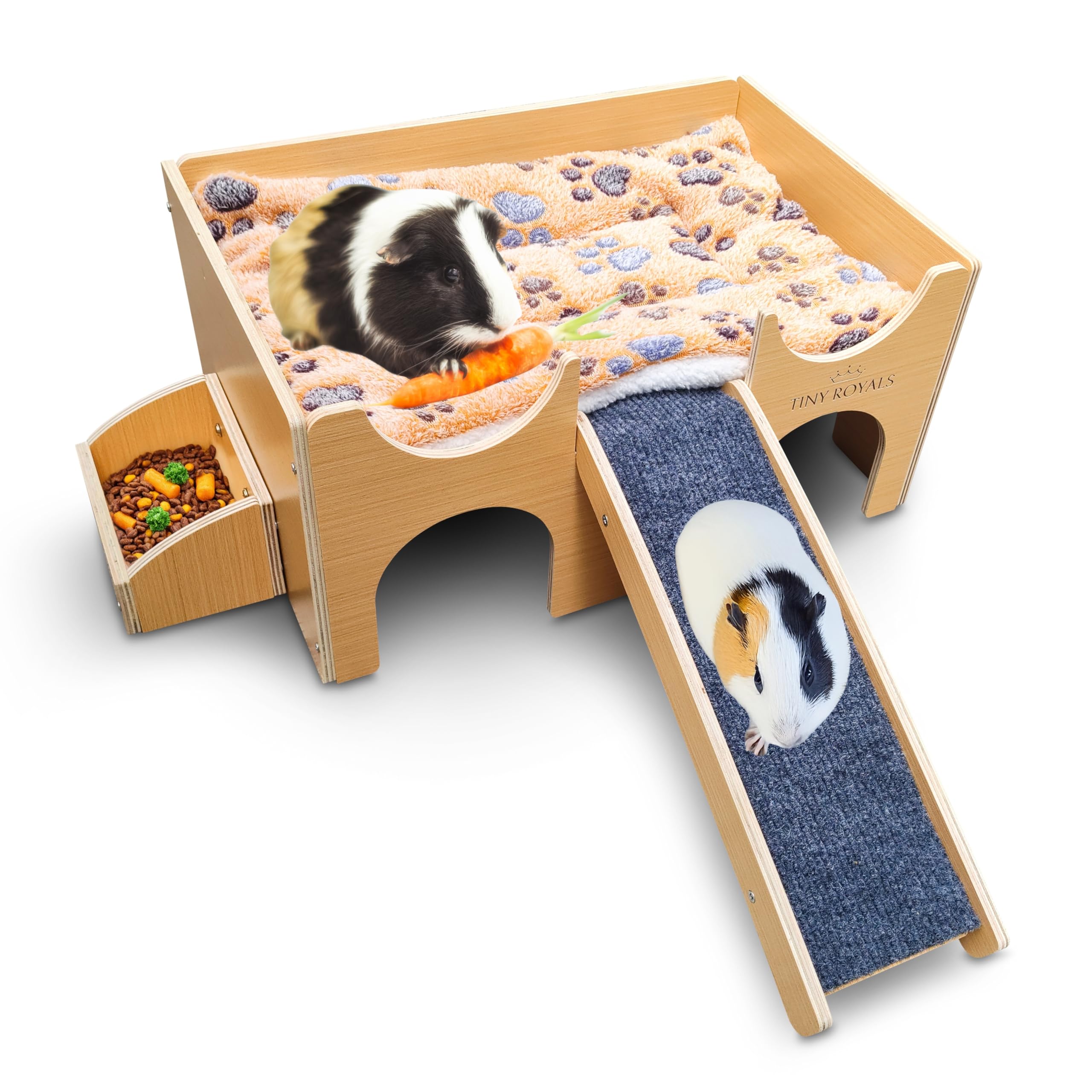TINY ROYALS Guinea Pig Wooden Hideout with Built-in Feeder, Screw-Assembled Natural Wood Castle with Absorbent Fleece Mat, Ramp 