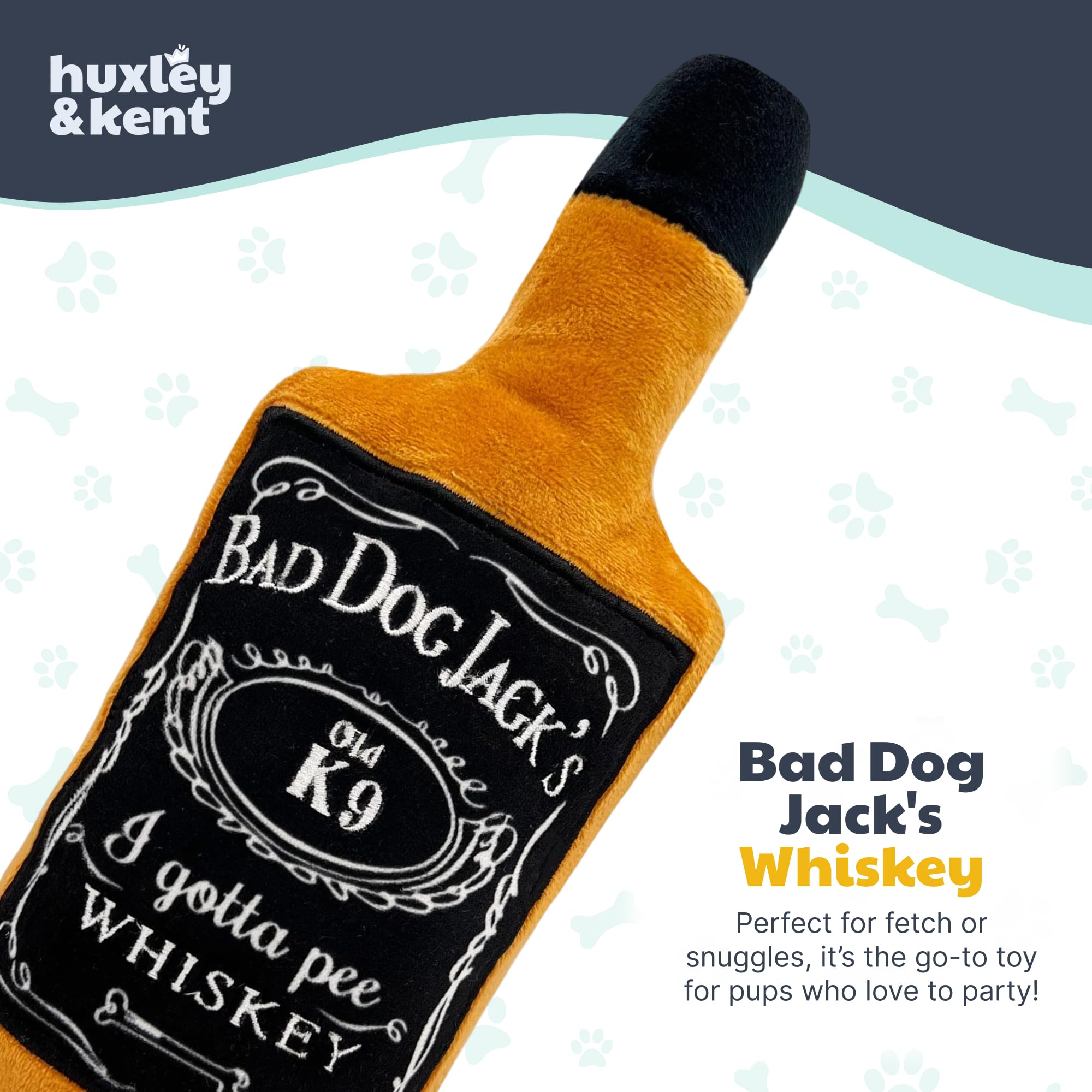 Huxley & Kent For Dogs - Bad Dog Jack'S Whiskey (Large) - Power Plush Funny Dog Toy With Squeaker - Fun, Durable, And Safe - H&K