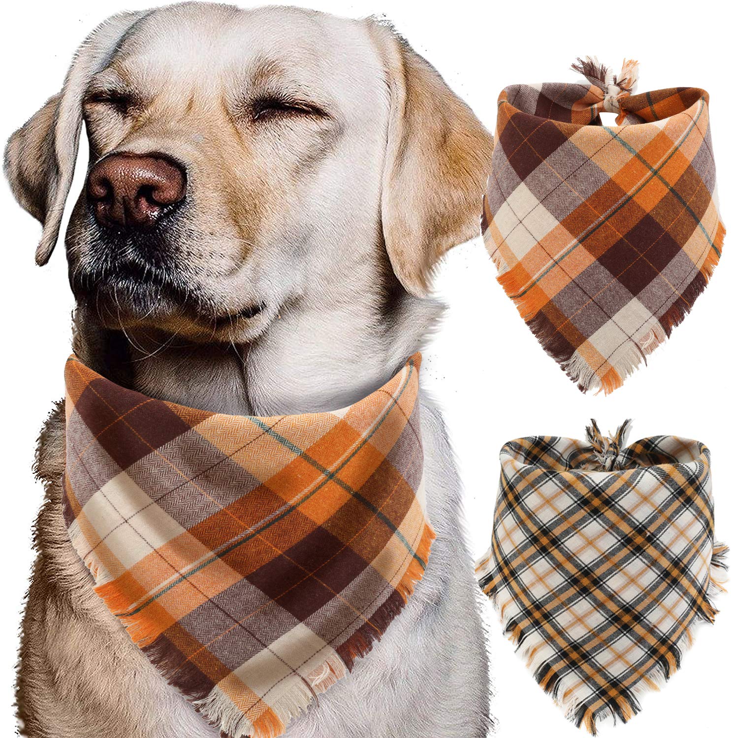 Fall Dog Bandana - Set Of 2 Washable Reversible Square Plaid Pet Kerchief Scarf For Halloween