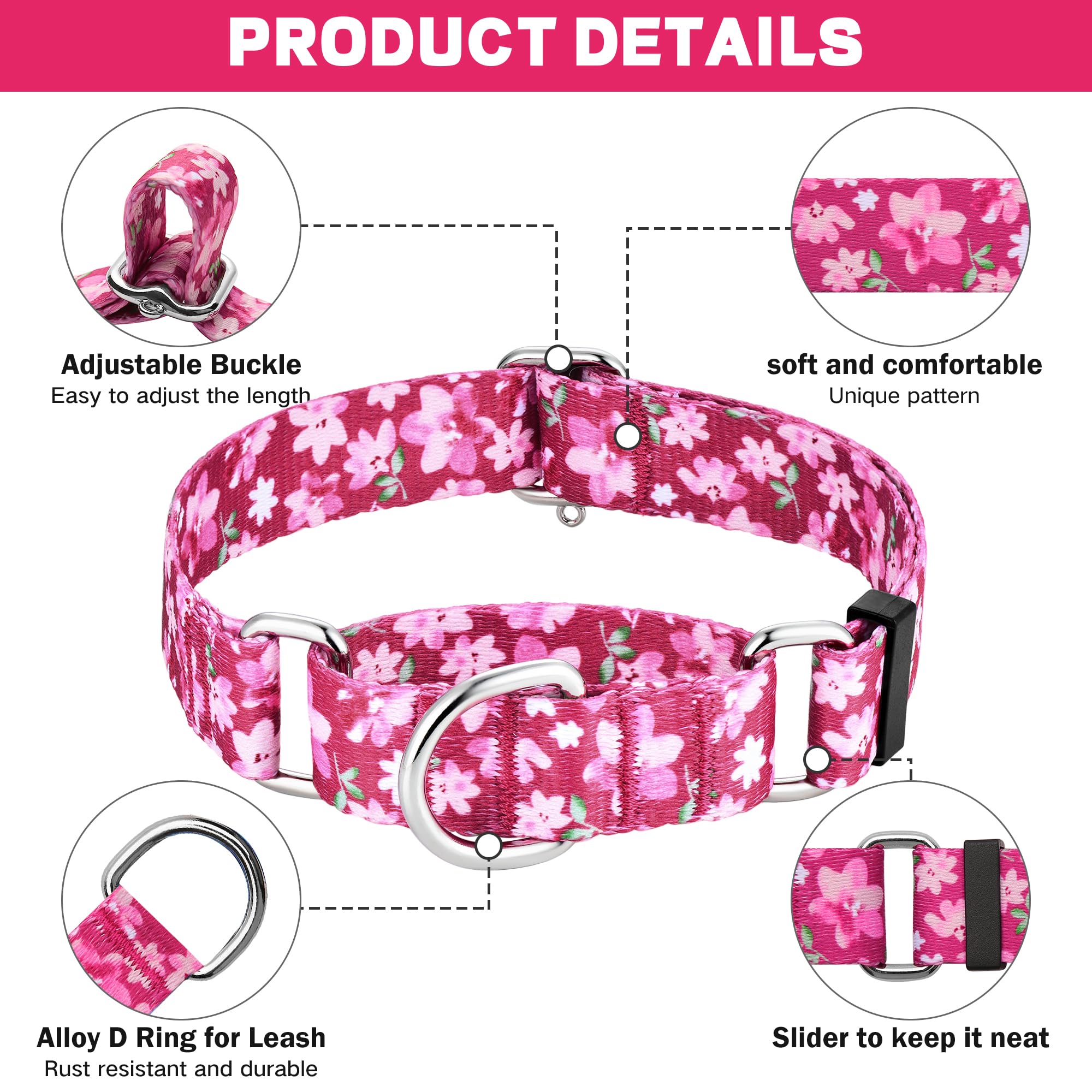 Hikiko Martingale Collar For Female Dogs - Floral Design, No Buckle, Nylon, No Pull, Medium, Japanese Pink