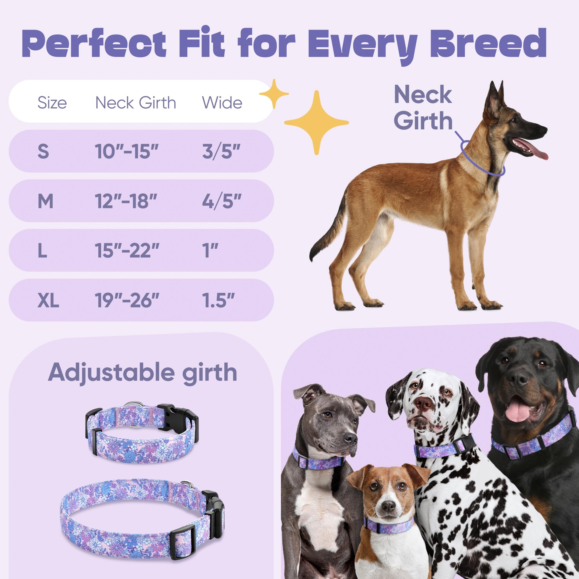 Art Tribute Dog Collar For Medium & Large Dogs - Flowers Cotton Padded Pattern On Long Lasting, Adjustable, Strong And Durable C