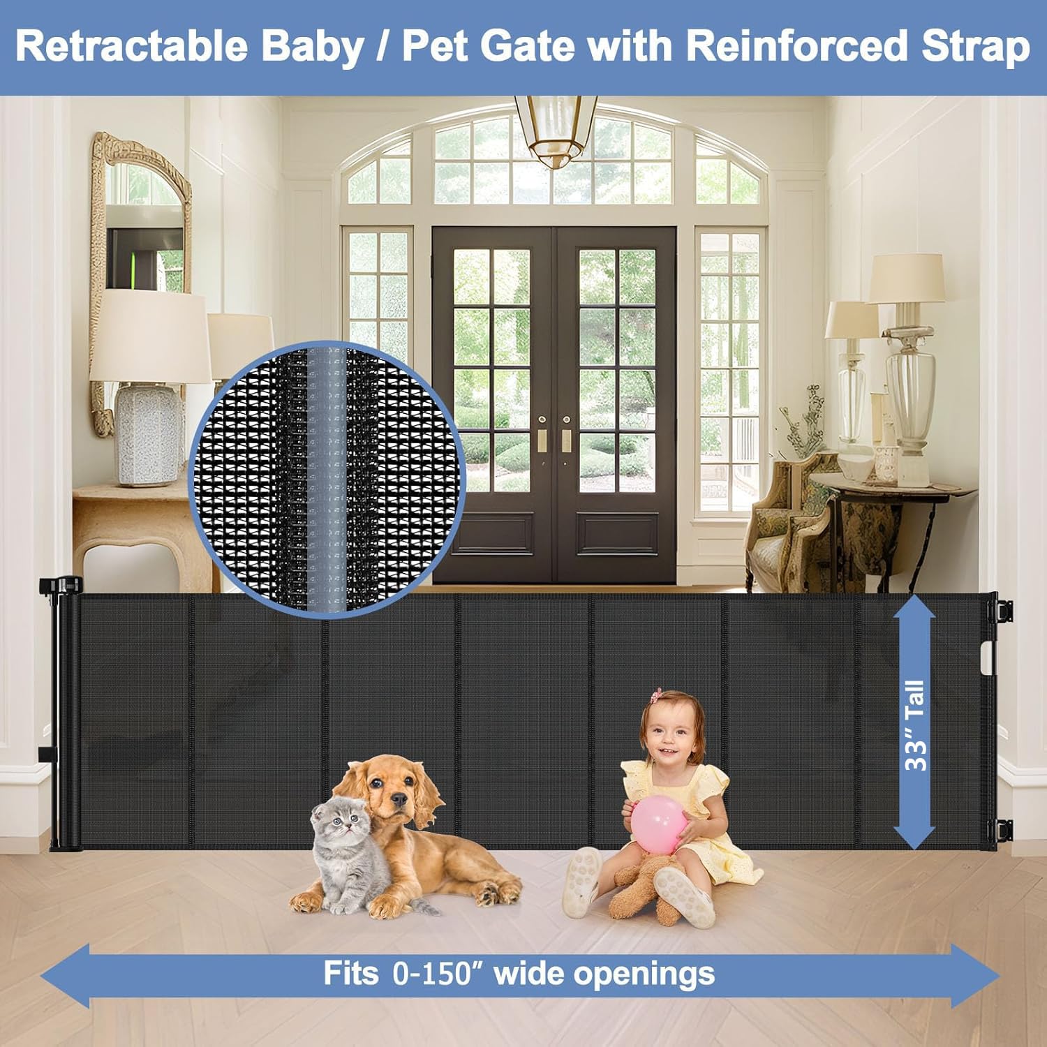 Reinforced 150 Inch Retractable Dog Gate for Doorways Stops Babies and Dogs from Crawling Under Retractable Baby Gates Extra Lon