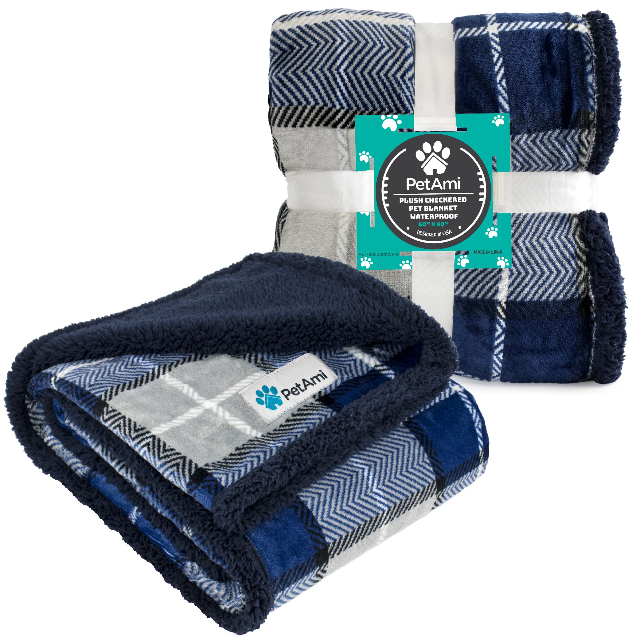 Petami Dog Blanket For Bed, Xl Pet Blanket Large Dogs, Fleece Furniture Couch Cover Protector Sofa Car Crate Kennel, Soft Sherpa Cat Throw Plush Reversible Washable, Twin 60X80 Plaid Navy Blue