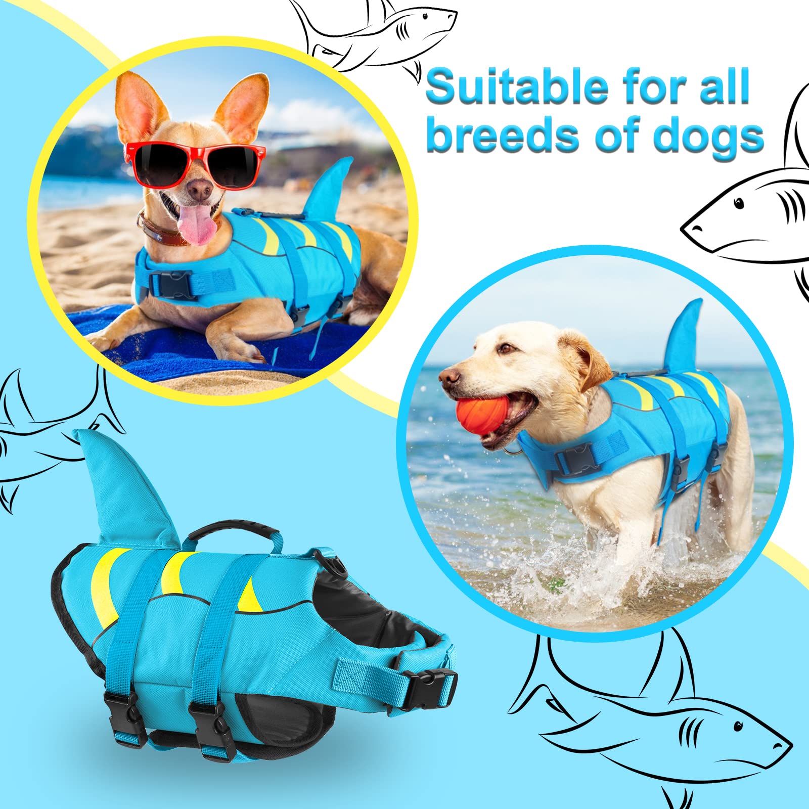 Fragralley Dog Life Jacket Shark, Dog Life Vest Adjustable Ripstop, Dog Swimming Safety Vest With Superior Buoyancy & Rescue Han