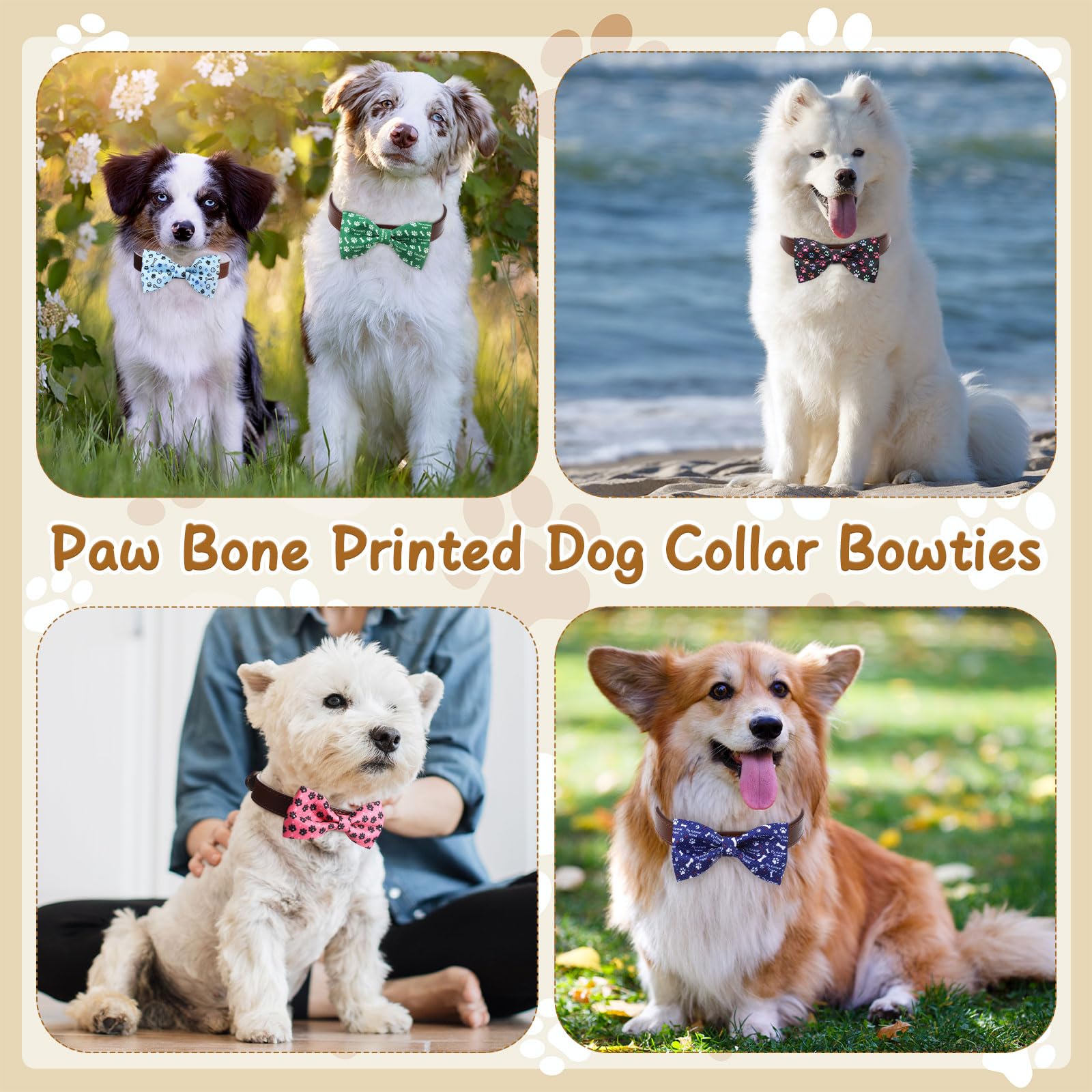 Cosblank 60 Pcs Paw Bone Print Dog Collar Bow Ties Bulk Dog Grooming Supplies Bowtie Accessories Puppy Bows Detachable Collar Ch