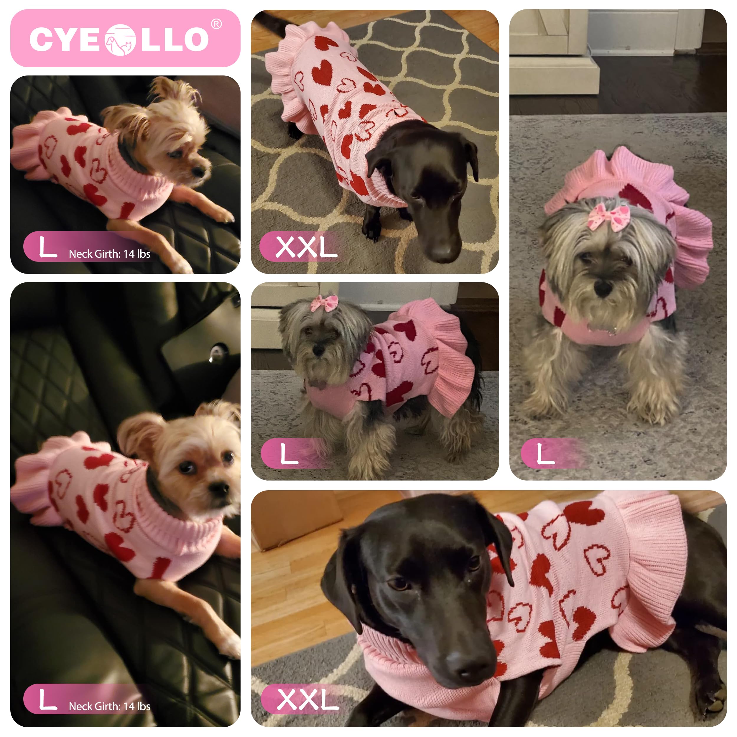 Cyeollo Valentines Day Dog Sweater Dress Dog Clothes Pullover Turtleneck With Leash Hole Heart Pattern Holiday Theme Female Pet Apparel For Small Dogs