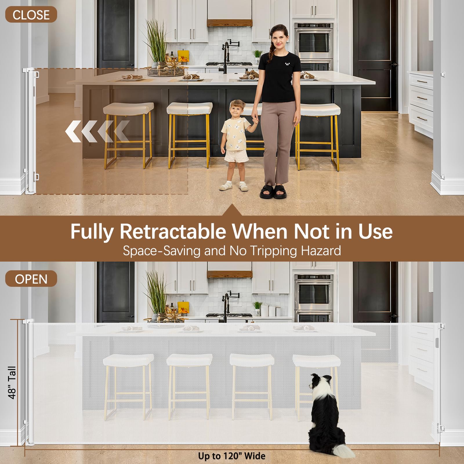 48 Inch Extra Tall Pet Gate 120'' Extra Long Retractable Baby Gate - No Jumping Over, Indoor Tall Retractable Dog Gate Outdoor E