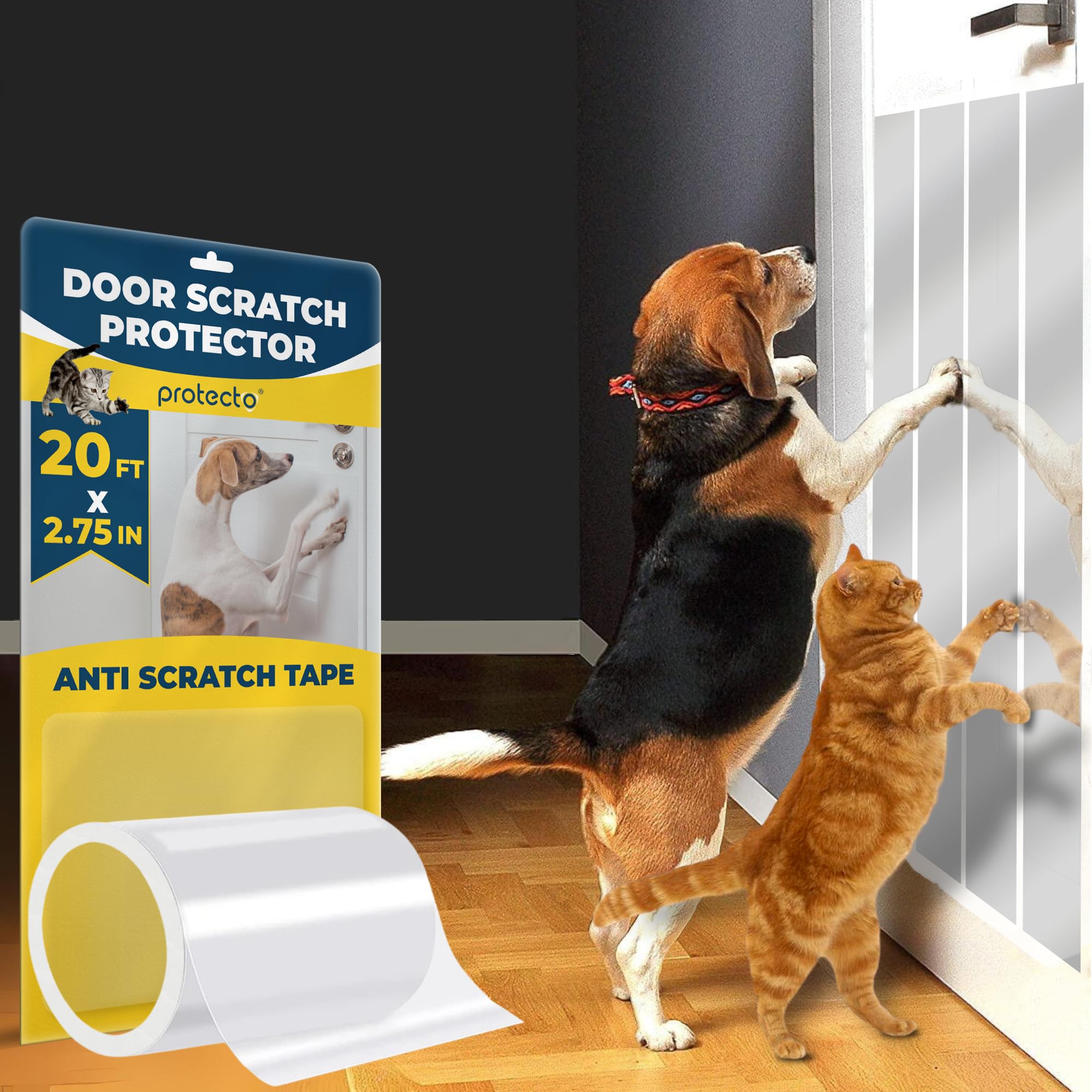 Protecto Cat & Dog Scratch Door Protector - 2.75'' X 20Ft Clear Wall Protector For Pet Scratching - Sticky And Self-Adhesive Det