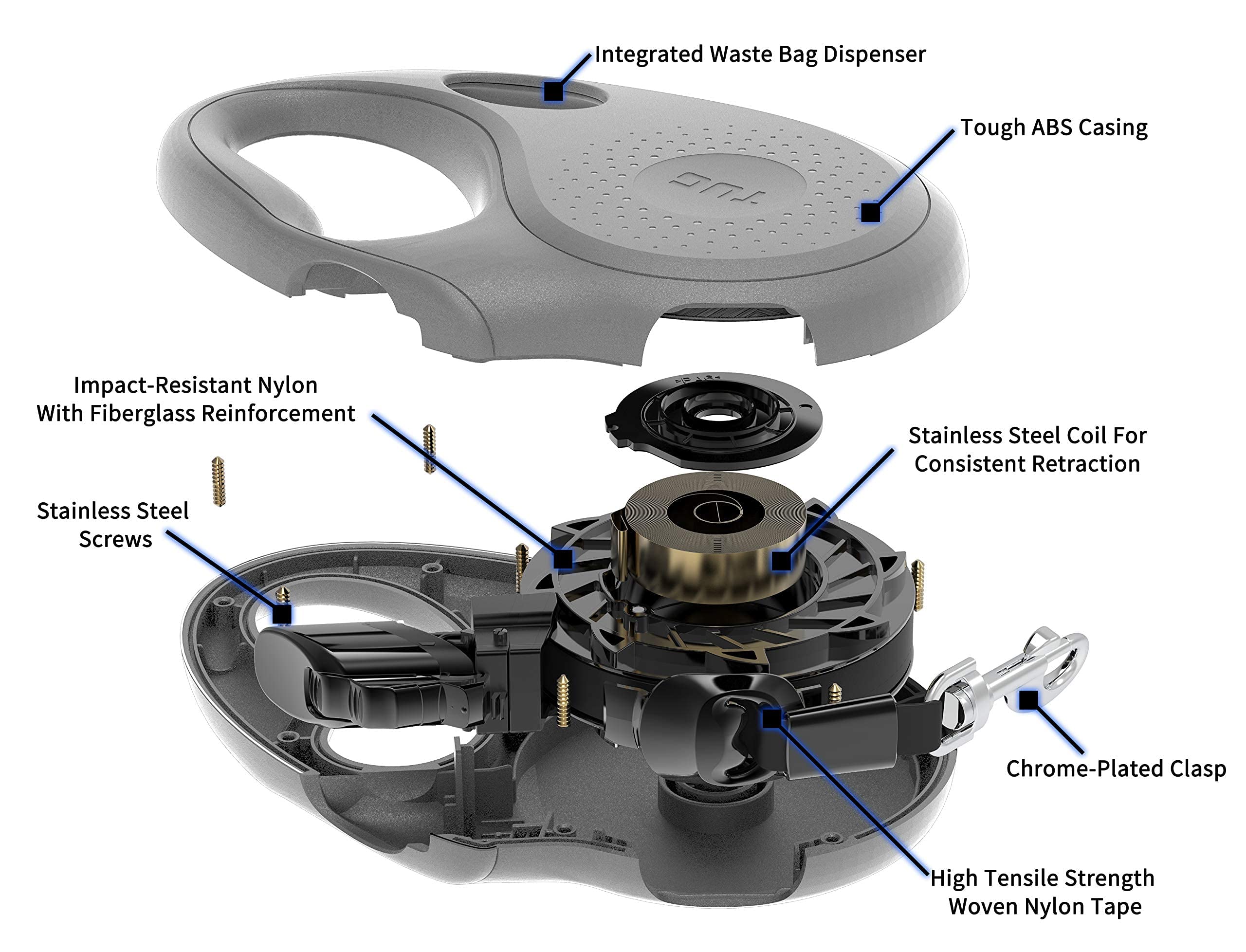 Tug Oval 360?Tangle-Free Retractable Dog Leash With Integrated Waste Bag Dispenser (Small, Grey)