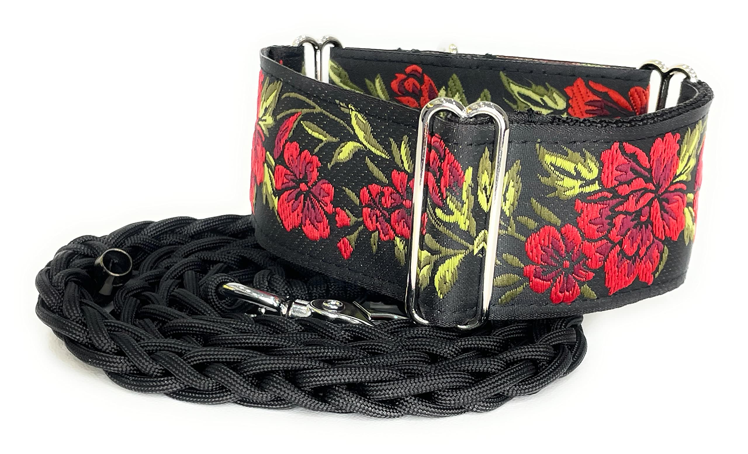 Sighthound Gang Martingale Dog Collar For Greyhound Saluki Whippet And Other Breeds With Similar Neck 2'' Wide (M 11''-14'' And Leash Set), Red, Black