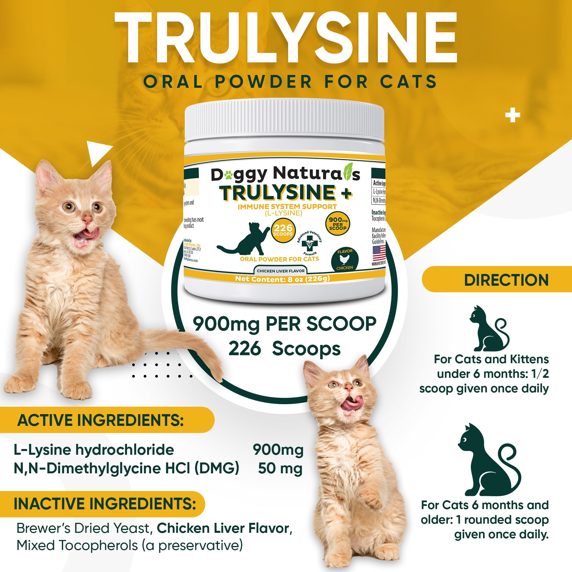 Trulysine Plus L-Lysine for Cats Immune Support Oral Powder 8oz/226g - Cats & Kittens of All Age, Sneezing, Runny Nose Squinting