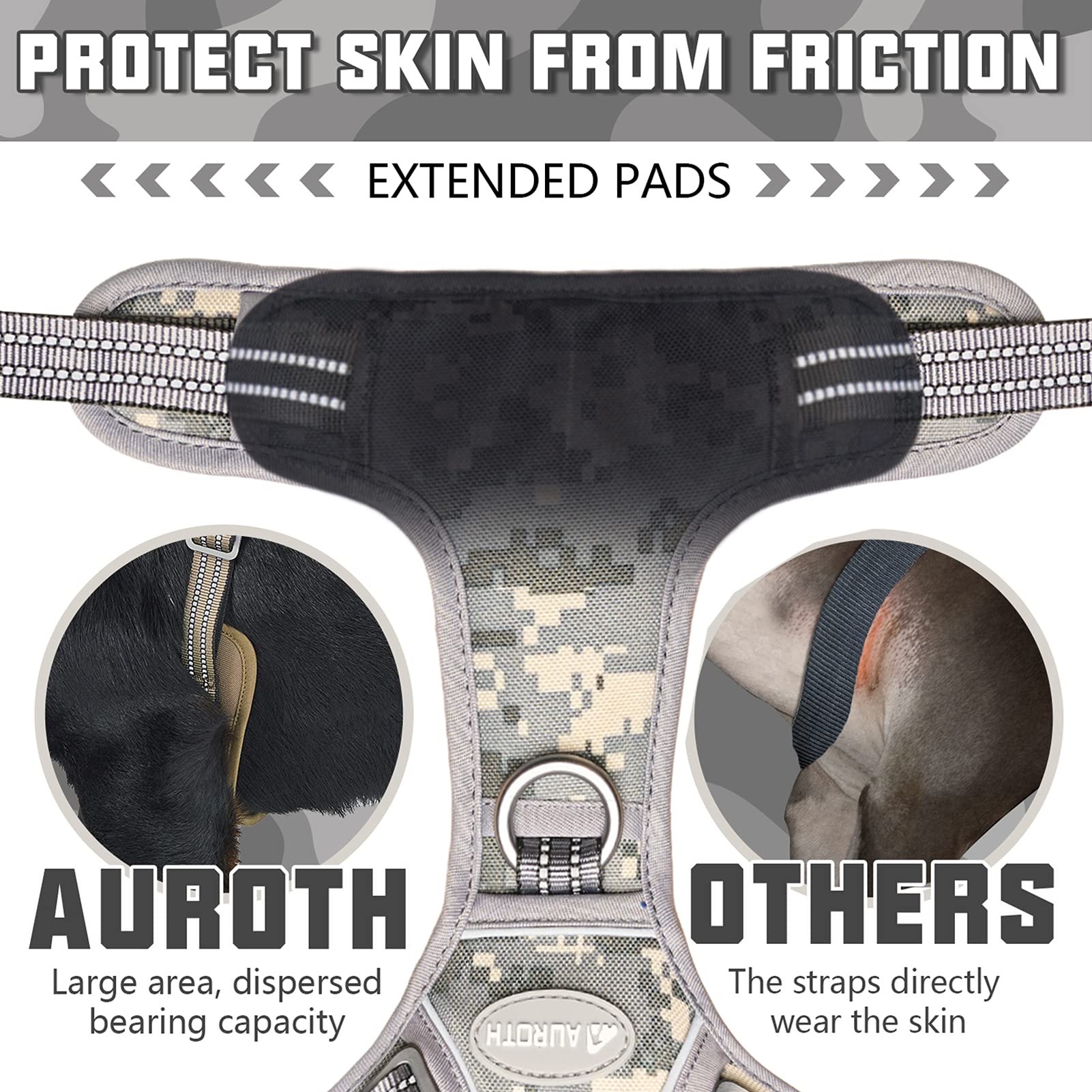 Auroth Tactical Dog Training Harness No Pulling Front Clip Leash Adhesion Reflective K9 Pet Working Vest Easy Control For Small Medium Large Dogs Grey Camo L