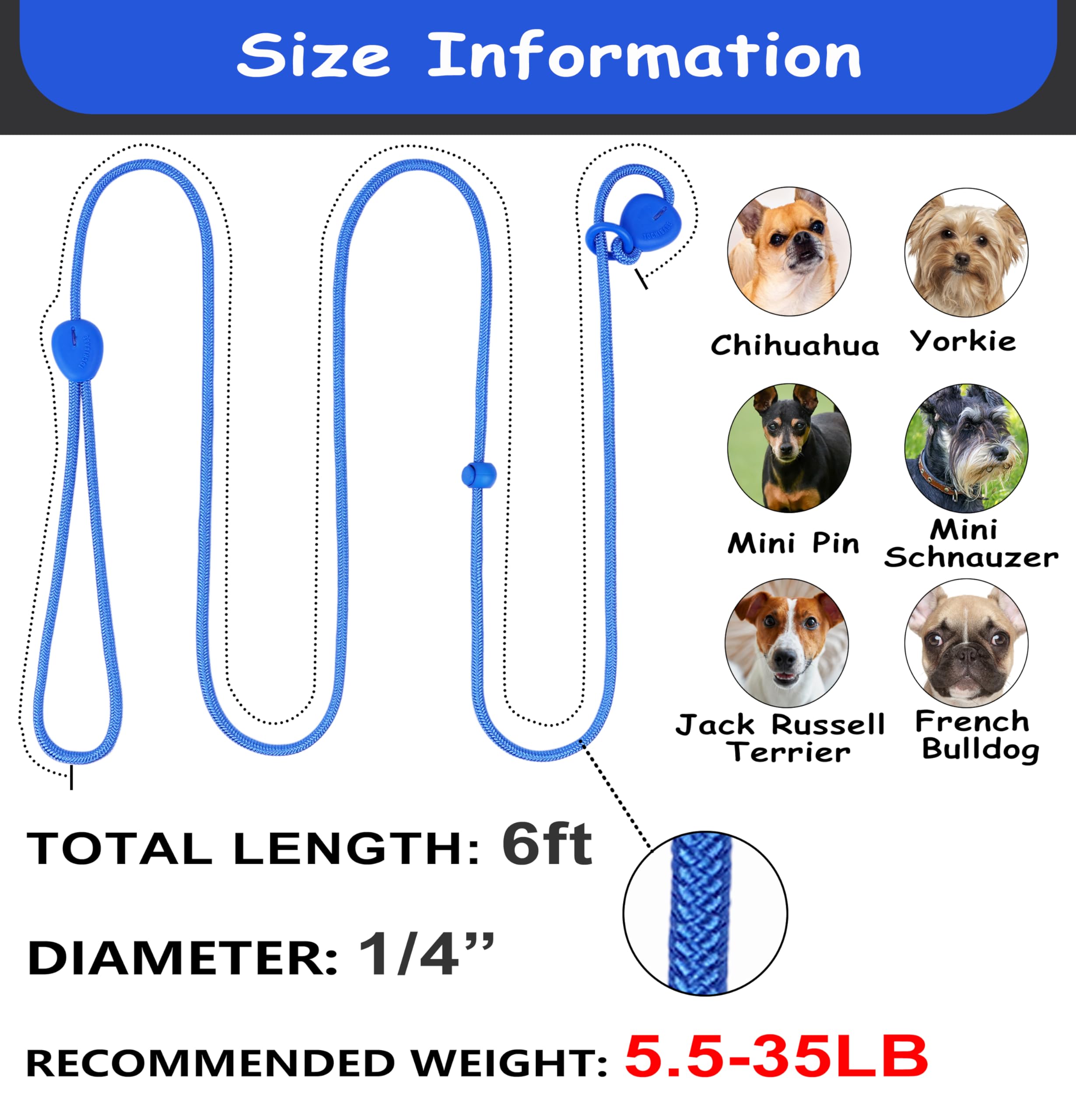 D Blue 6FT Slip Lead - Heavy Duty No Pull Dog Training Leash, Comfortable Rope Leash for Small to Medium Dogs