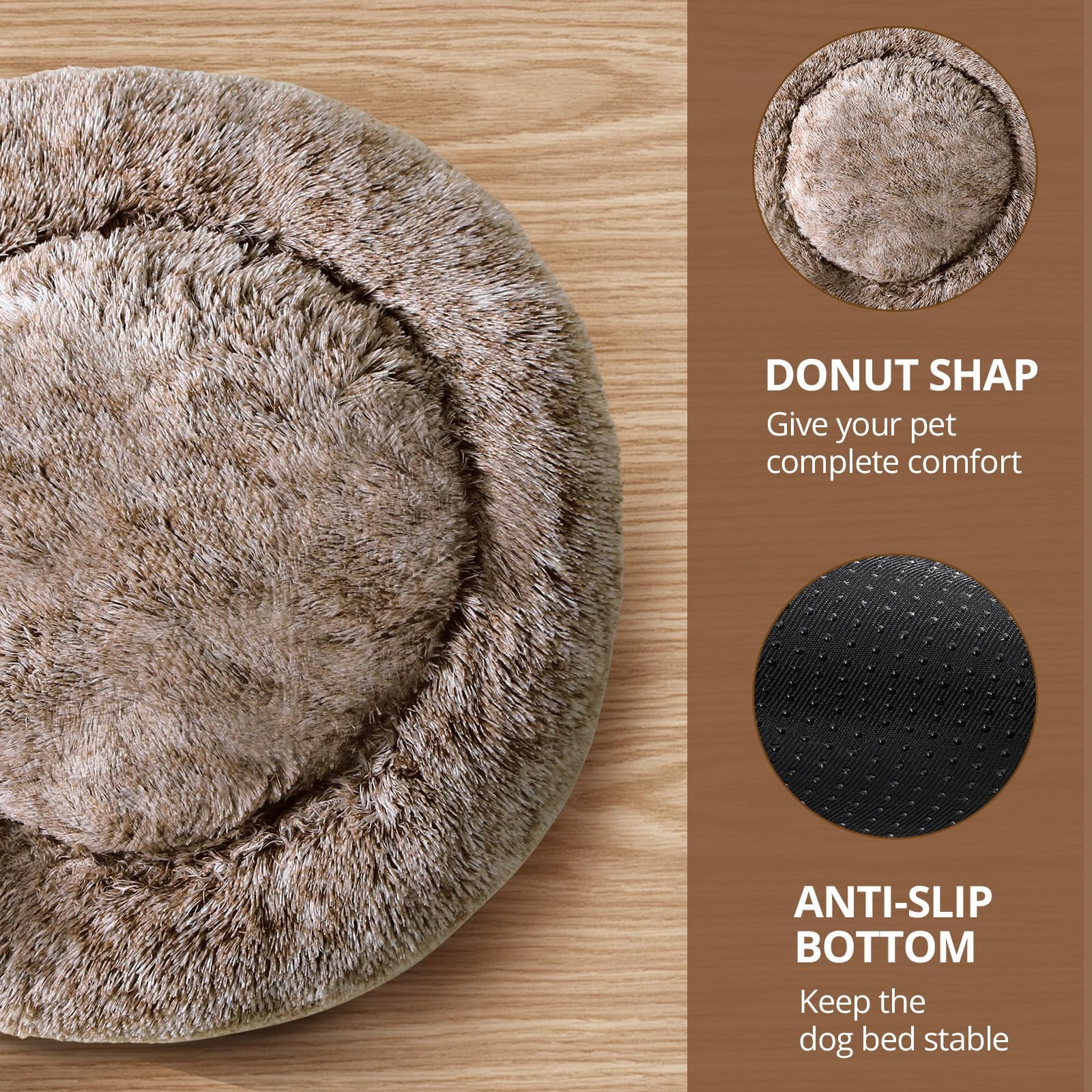 JOLLYVOGUE Large Calming Dog Bed, Fluffy Faux Fur, Anti-Slip, 36" x 36", Smoke Brown, Model SMBN-90