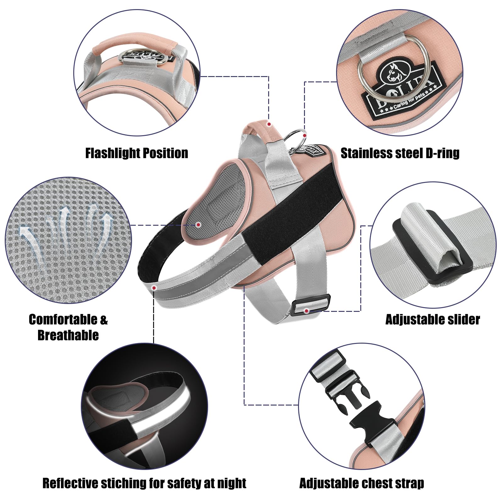 Bolux Dog Harness, No-Pull Reflective Dog Vest, Breathable Adjustable Pet Harness With Handle For Outdoor Walking - No More Pulling, Tugging Or Choking