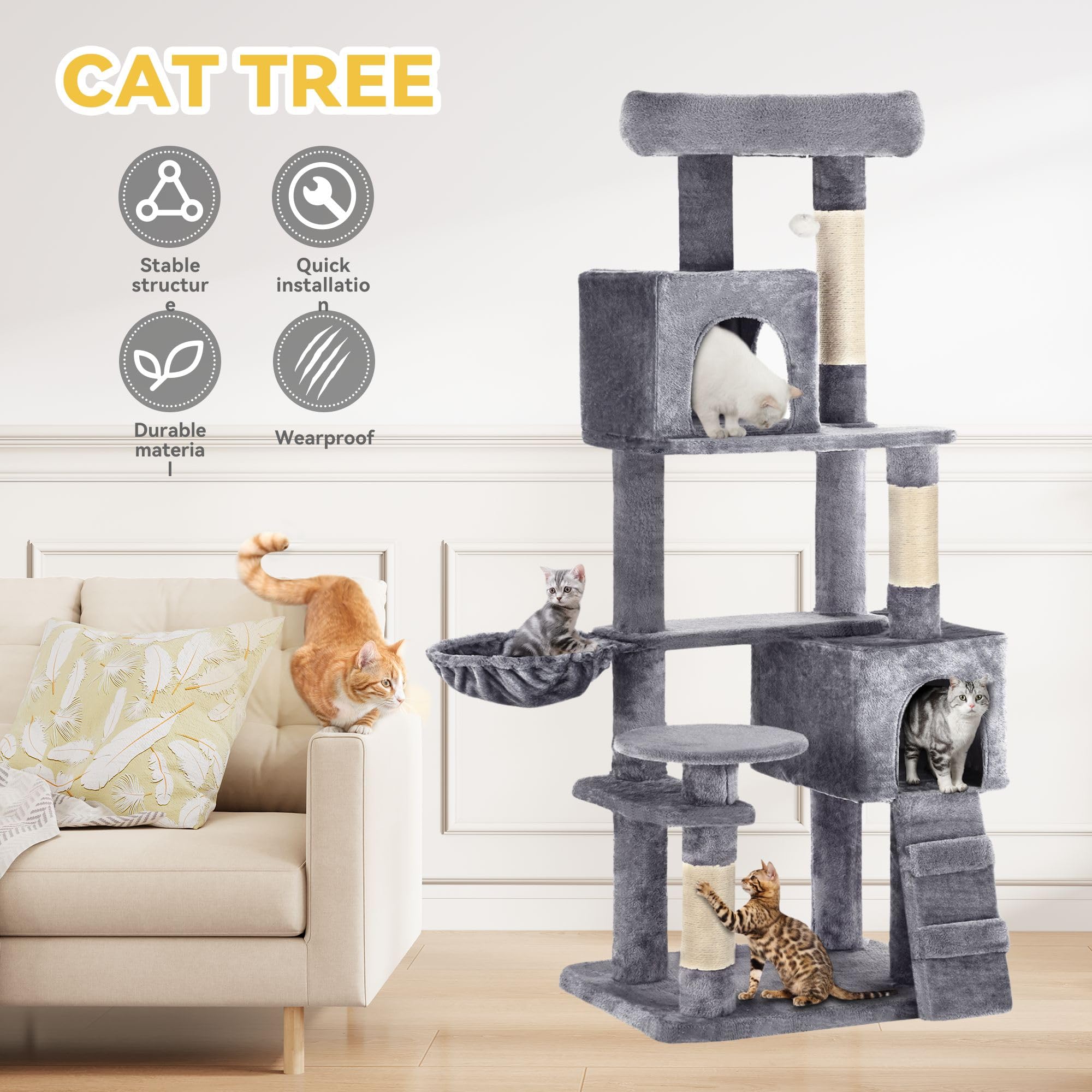 Dwvo 64.5'' Tall Cat Tree, Multi-Tier Cat Condo With Hammock, Scratching Posts & Play Balls For 2-3 Cats (Dark Gray)