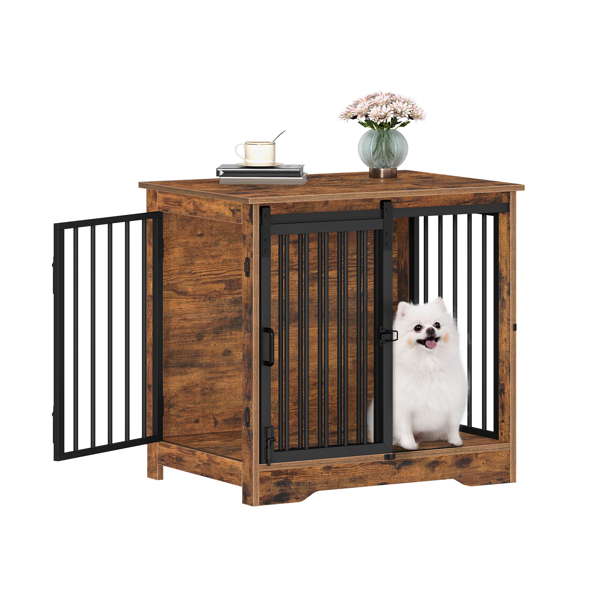 Hzuaneri Dog Crate Furniture, 27.2 Double Door Dog Crate with Barn Door, Dog Kennel Indoor, End Side Table Wooden Dog Crate for 