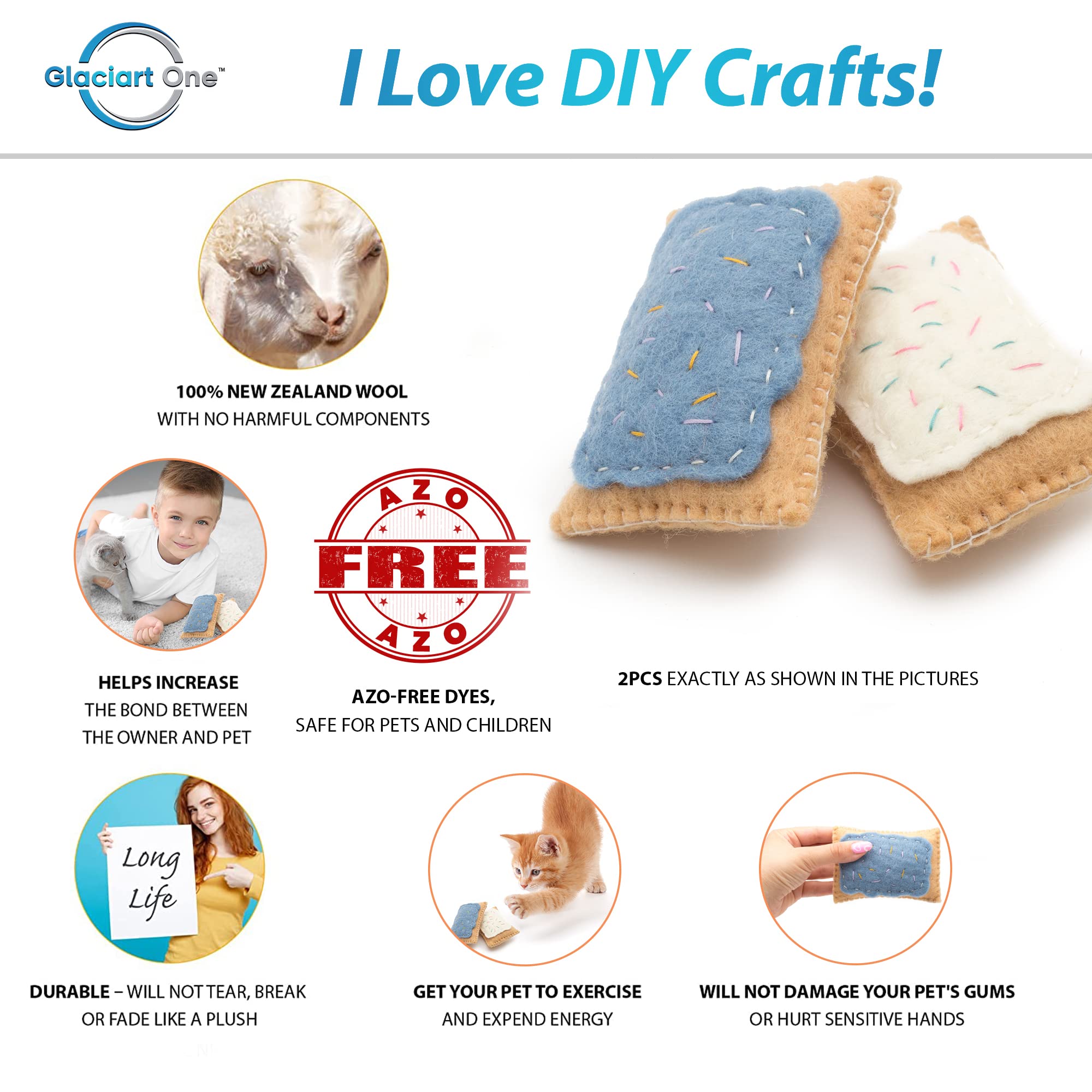 Glaciart One Wool Pop Tart Cat Toy Set With Catnip (2Pcs) | For Interaction & Boredom Relief, Encourages Cats To Exercise & Play