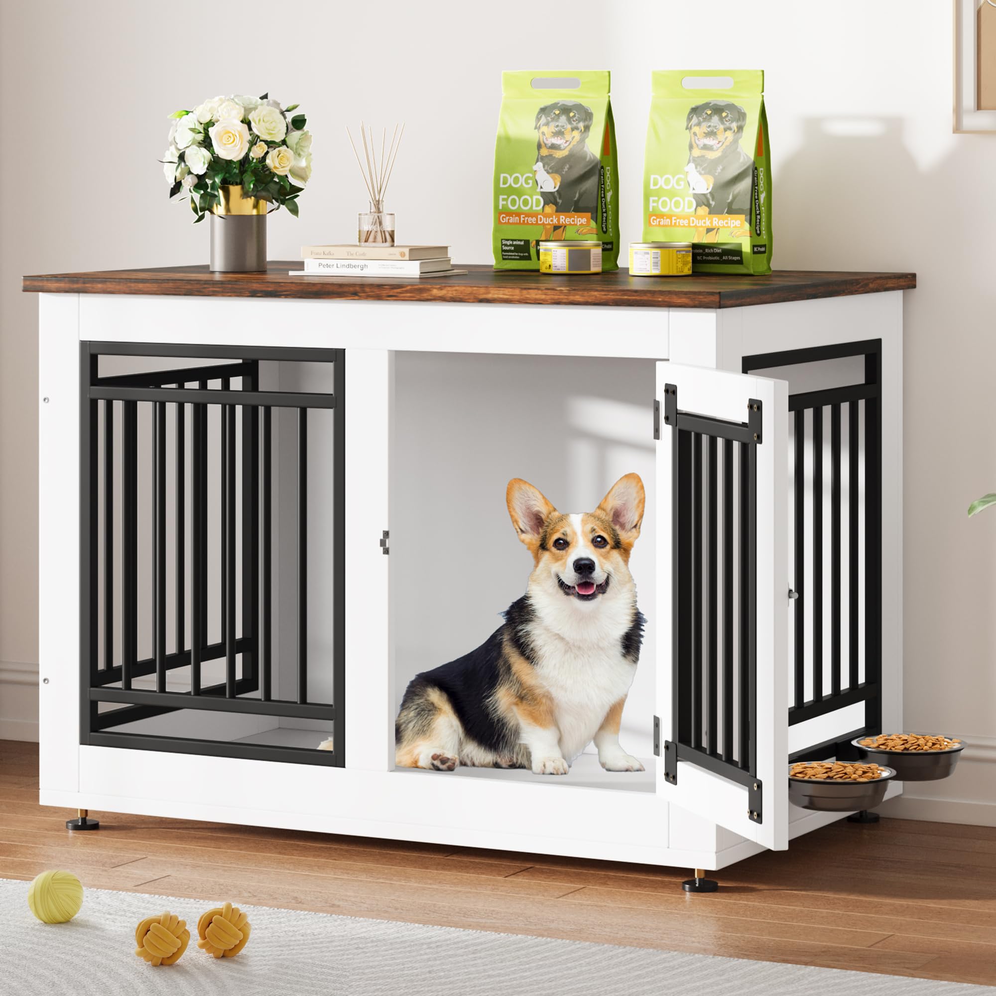 YITAHOME 35" Dog Crate Furniture - White Wooden Side Table with Adjustable Feet & Removable Bowls for Small/Medium Dogs