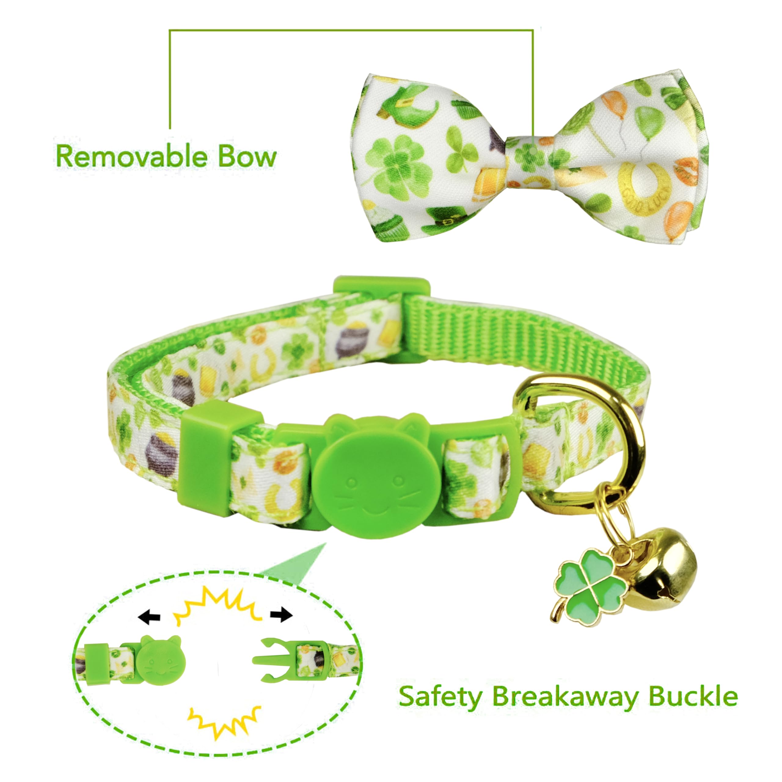 St. Patrick'S Day Cat Bowtie - Green Clover Pattern With Festive Holiday Charms For Cats & Small Pets, Adjustable Pet Collar Wit