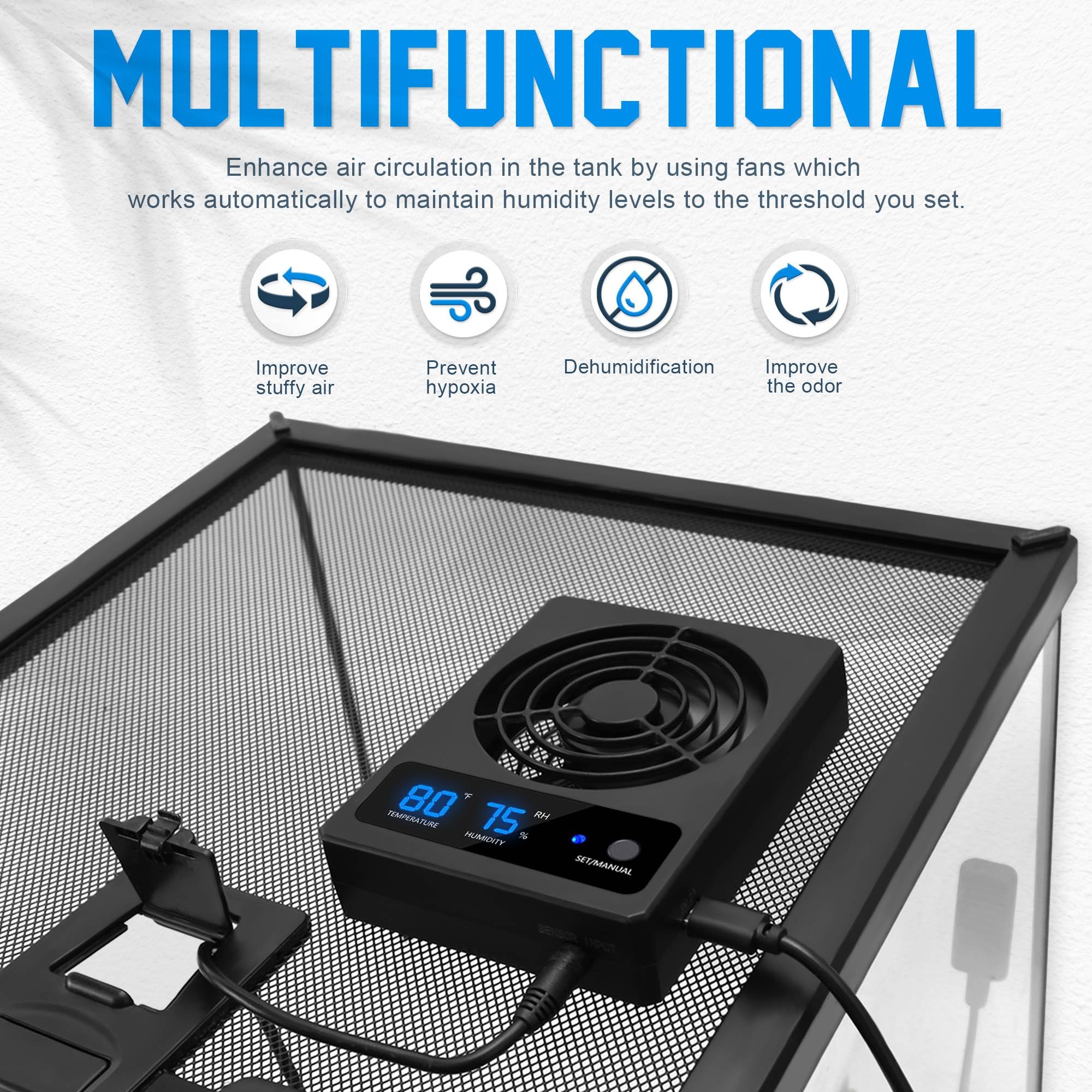 Eckpo 2Pcs Reptile Ventilation Fan With Humidity Sensor And High-Temp Alarm, Fan Dehumidifier For Reptile Enclosure And Terrariu